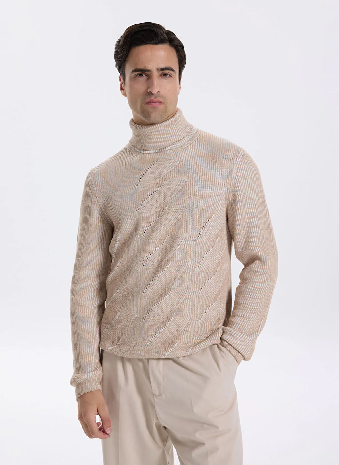 Fabrika Tam Balıkçı Yaka Slim Fit Jakarlı Vizon Erkek Kazak F5WM-KZK 2296