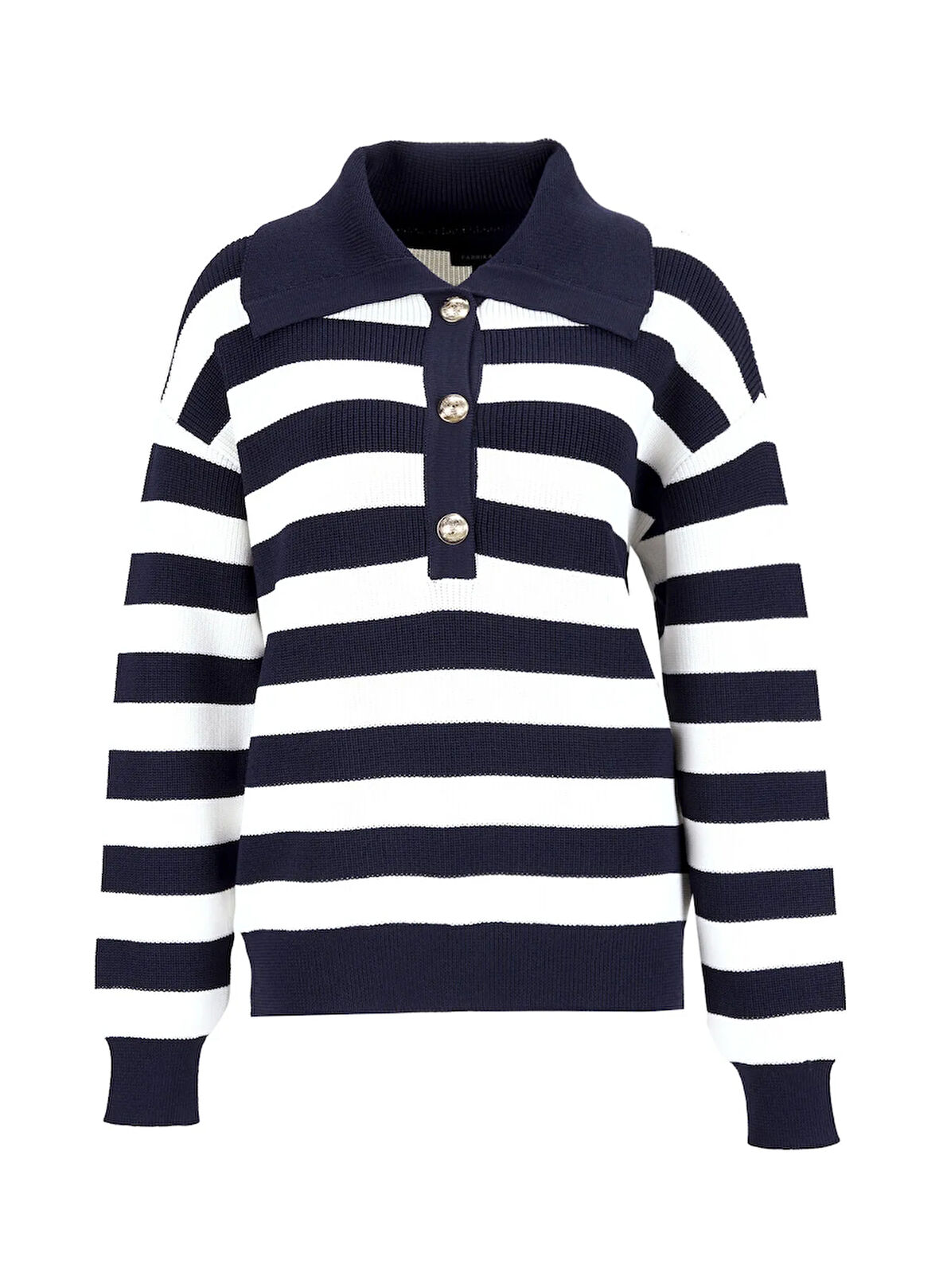 Fabrika Geniş Yaka Relaxed Çizgili Lacivert - Beyaz Kazak Kadın F5WL-KZK0016