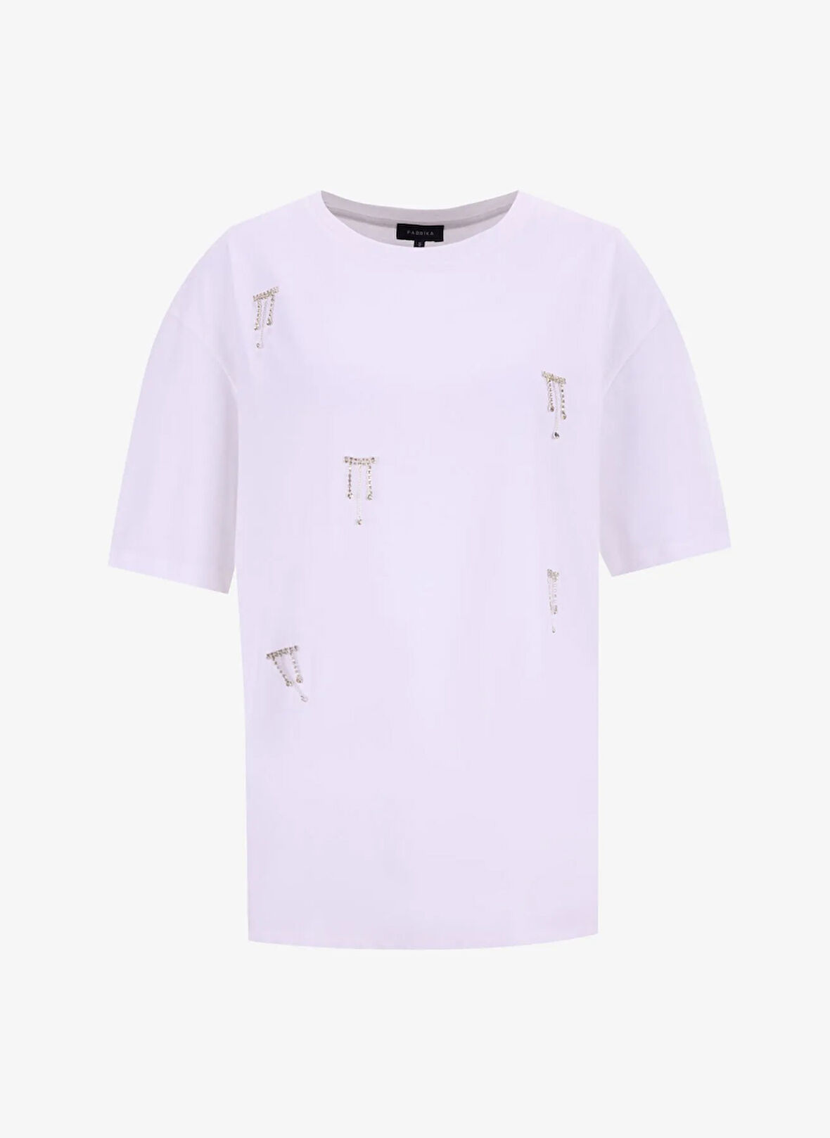 Fabrika Bisiklet Yaka Taşlı Beyaz Kadın T-Shirt F5WL-TST0246