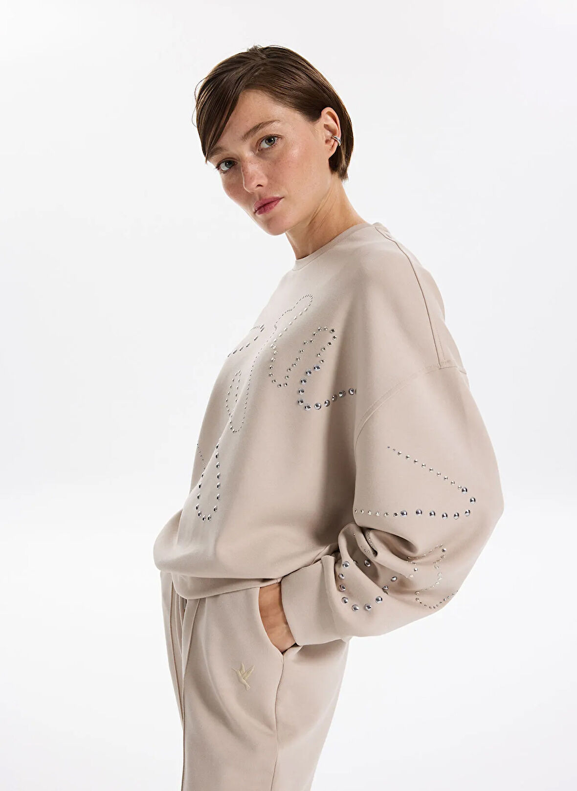 Fabrika Bisiklet Yaka Taşlı Bej Kadın Sweatshırt F5WL-SWT0034