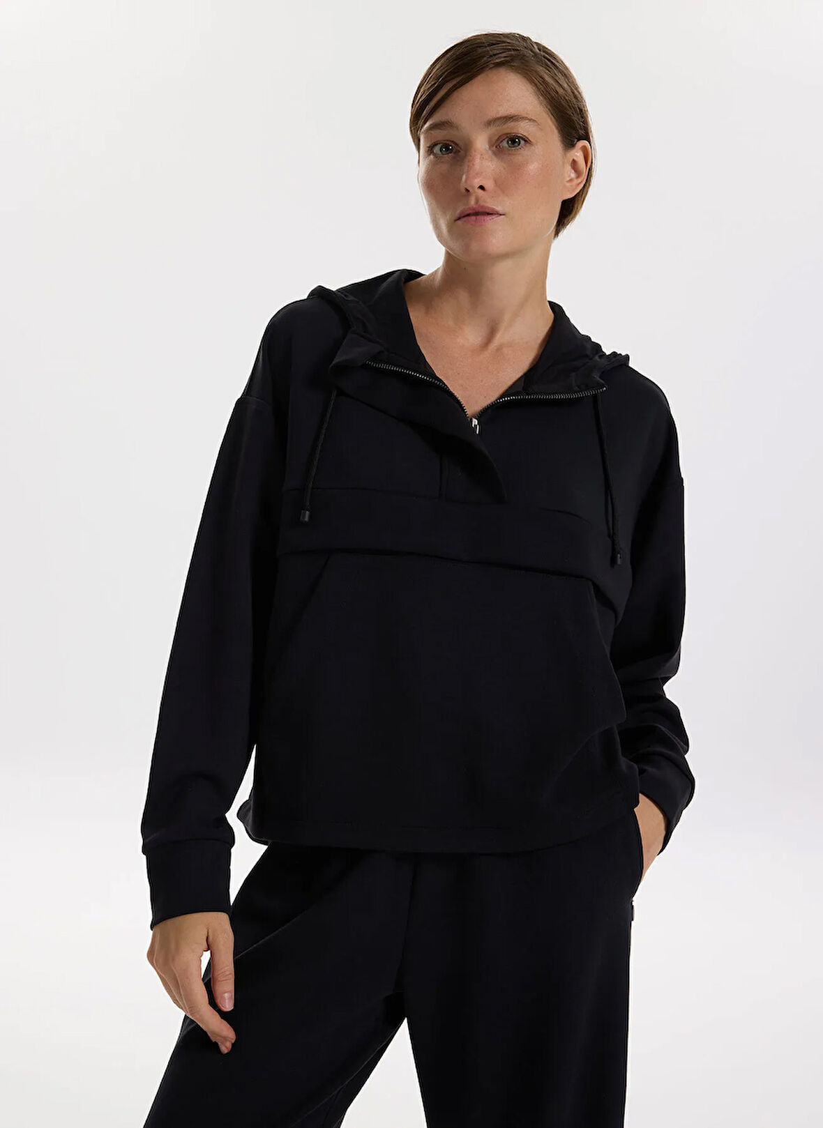 Fabrika Kapüşon Yaka Düz Siyah Kadın Sweatshırt F5WL-SWT0407