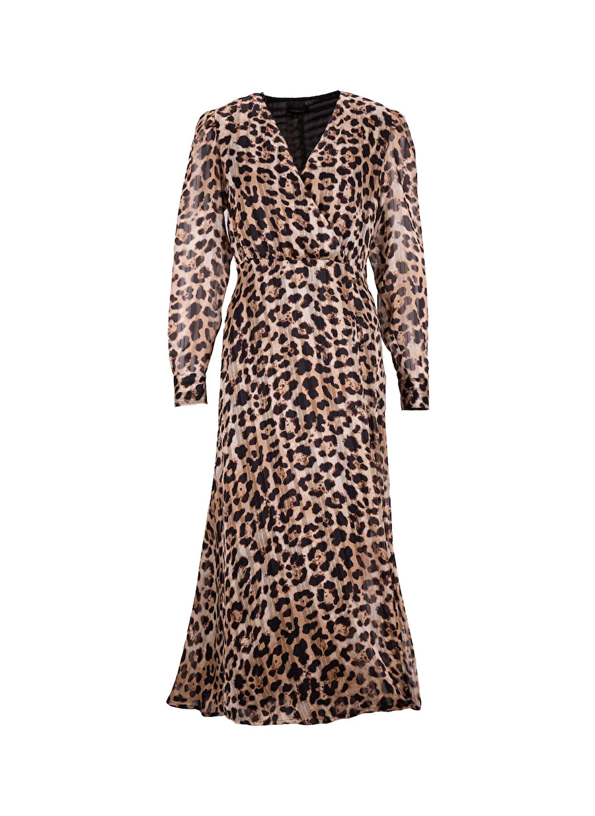 Fabrika V Yaka Desenli Bej - Siyah Mini Kadın Elbise F5WL-ELB0362