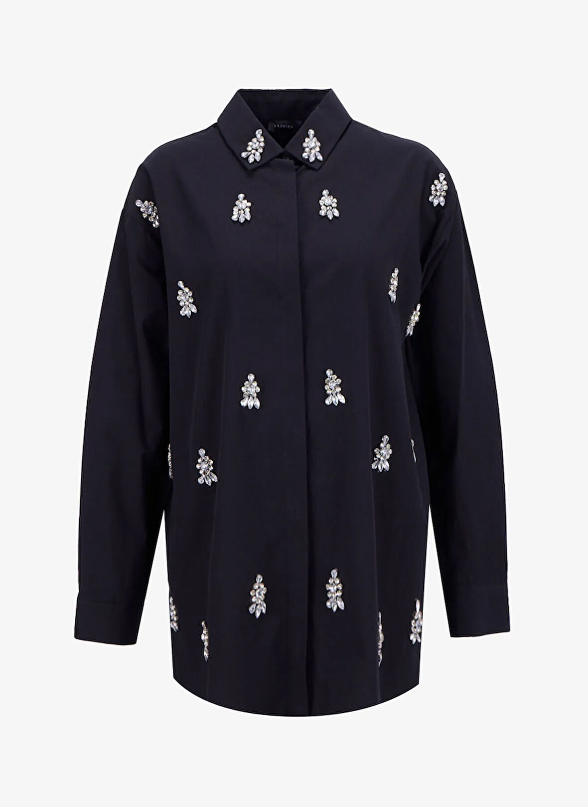 Fabrika Oversize Gömlek Yaka Taşlı Siyah Kadın Gömlek F5WL-GML0101