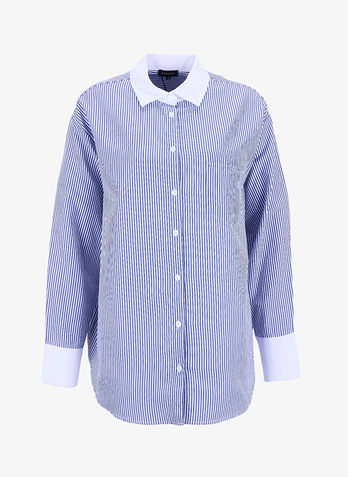 Fabrika Loose Fit Gömlek Yaka Çizgili Lacivert - Beyaz Kadın Gömlek F5WL-GML0389