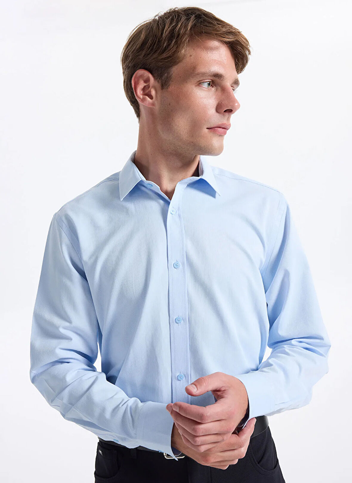 Fabrika Slim Fit Gömlek Yaka Armürlü Mavi Erkek Gömlek MAYDOS-Y 303
