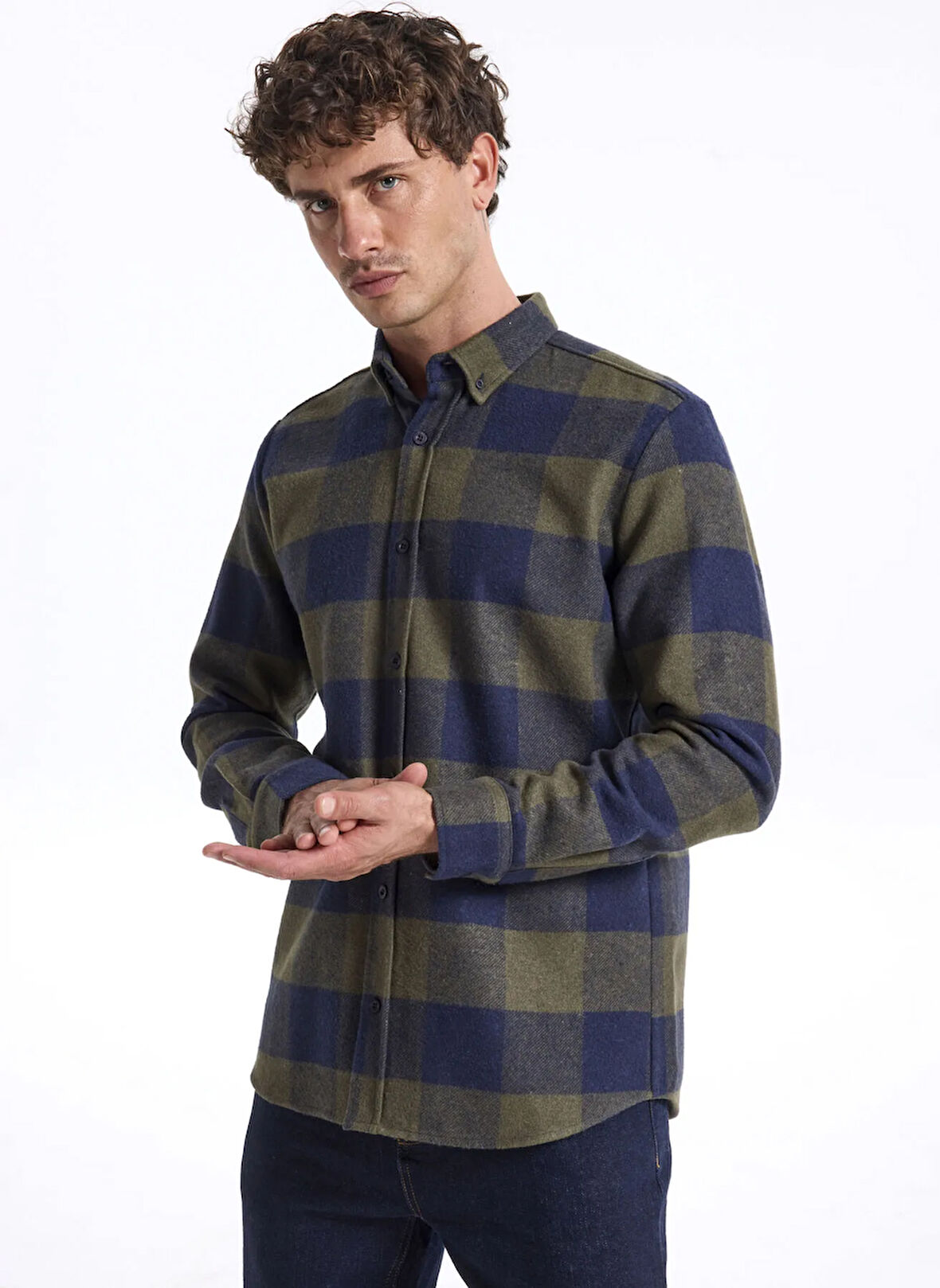 Fabrika Regular Fit Düğmeli Yaka Ekose Haki Erkek Gömlek CM RYAN D 253.