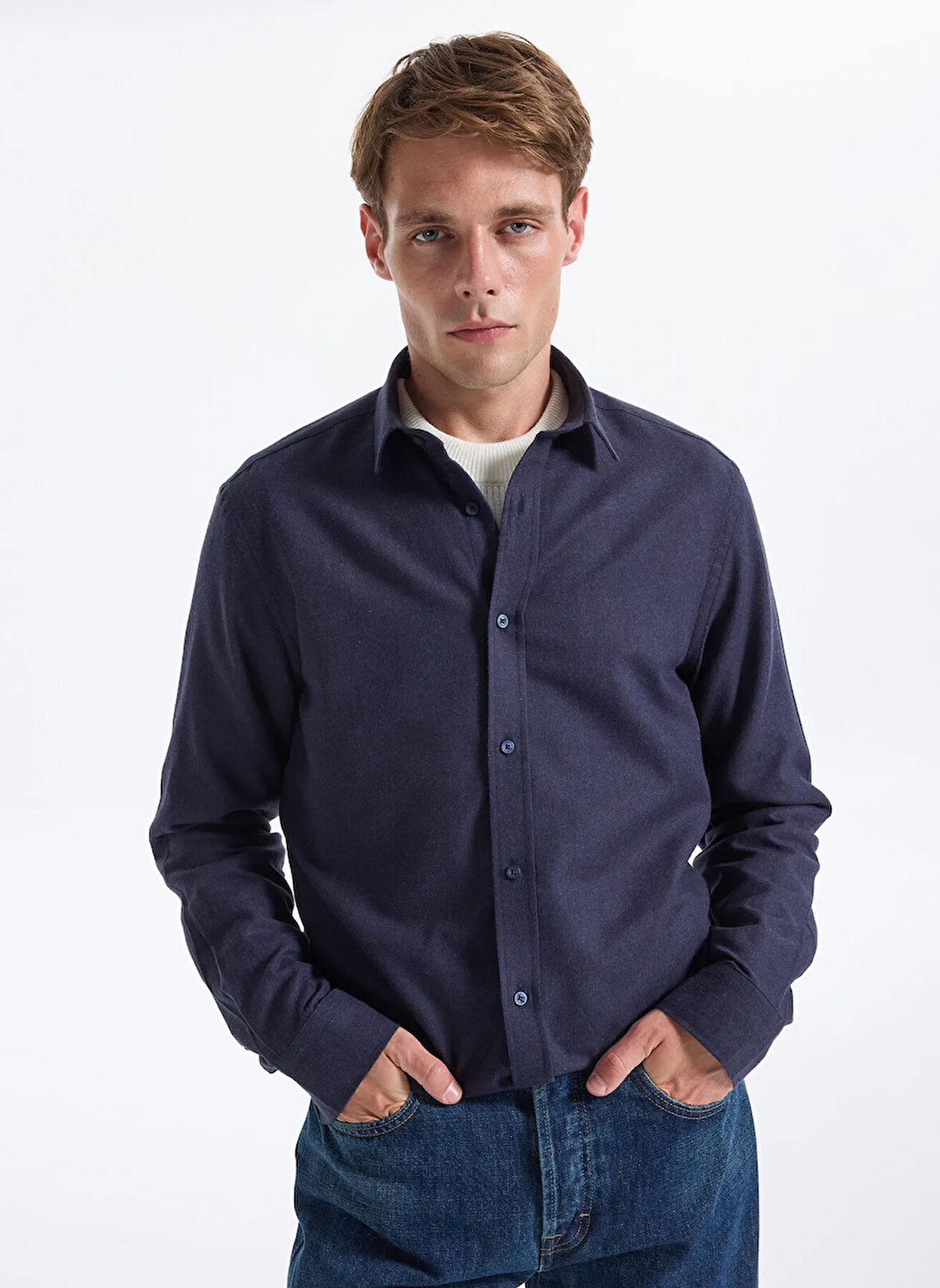 Fabrika Slim Fit Gömlek Yaka Düz Lacivert Melanj Erkek Gömlek F5WM-GML 2574