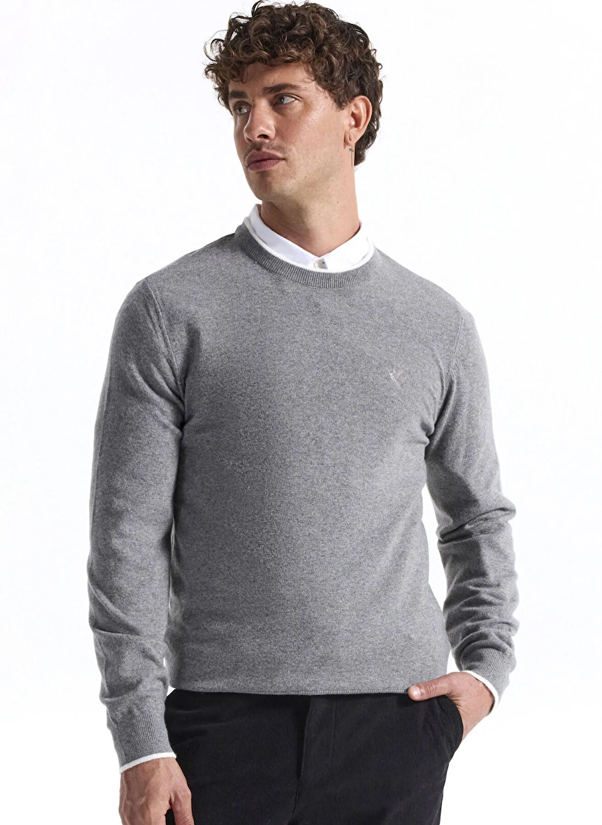 Fabrika Bisiklet Yaka Slim Fit Düz Gri Erkek Kazak F5WM-KZK 2318