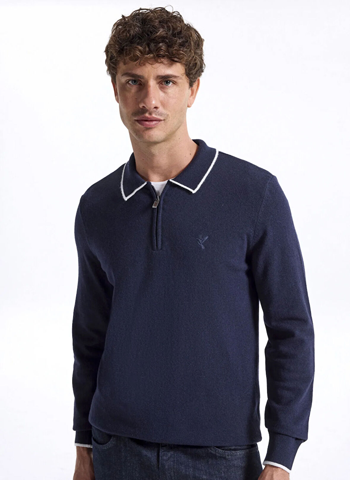 Fabrika Polo Yaka Slim Fit Düz Lacivert Erkek Kazak F5WM-KZK 2319