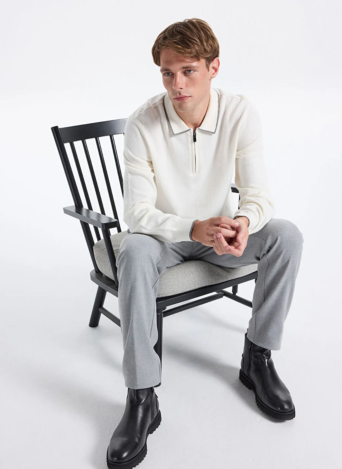 Fabrika Polo Yaka Slim Fit Düz Ekru Erkek Kazak F5WM-KZK 2319