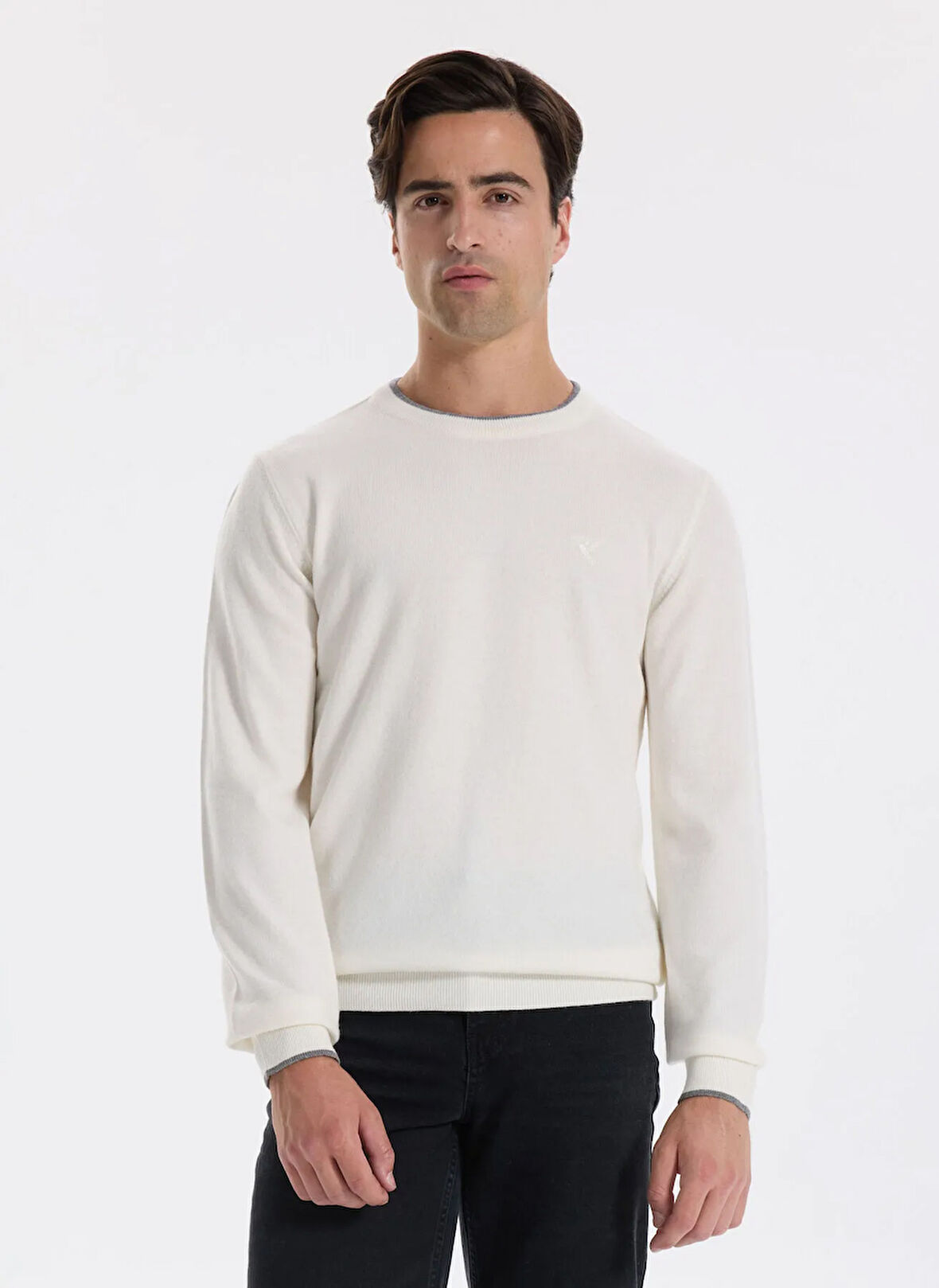 Fabrika Bisiklet Yaka Slim Fit Düz Ekru Erkek Kazak F5WM-KZK 2318