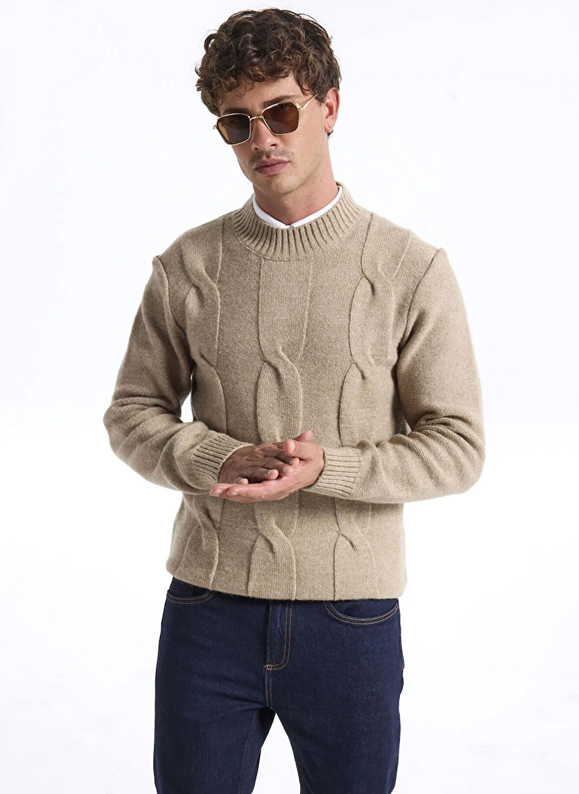 Fabrika Bisiklet Yaka Slim Fit Saç Örgü Desenli Haki Erkek Kazak F5WM-KZK 2314