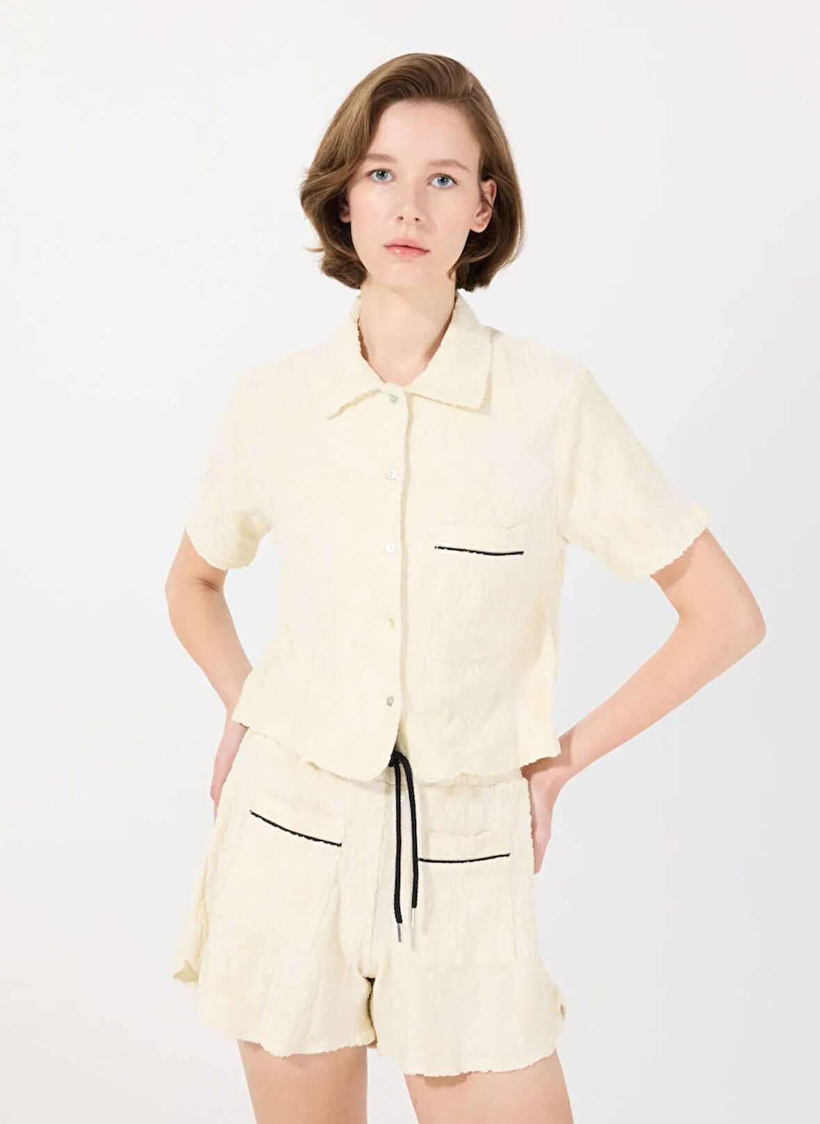 Mr. Mood Standart Gömlek Yaka Ekru - Mavi Kadın Gömlek MRS CANDY SHIRT