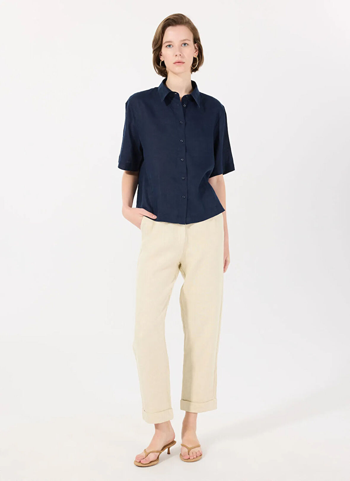 Mr. Mood Yüksek Bel Standart Ekru Kadın Pantolon MRS PARIS