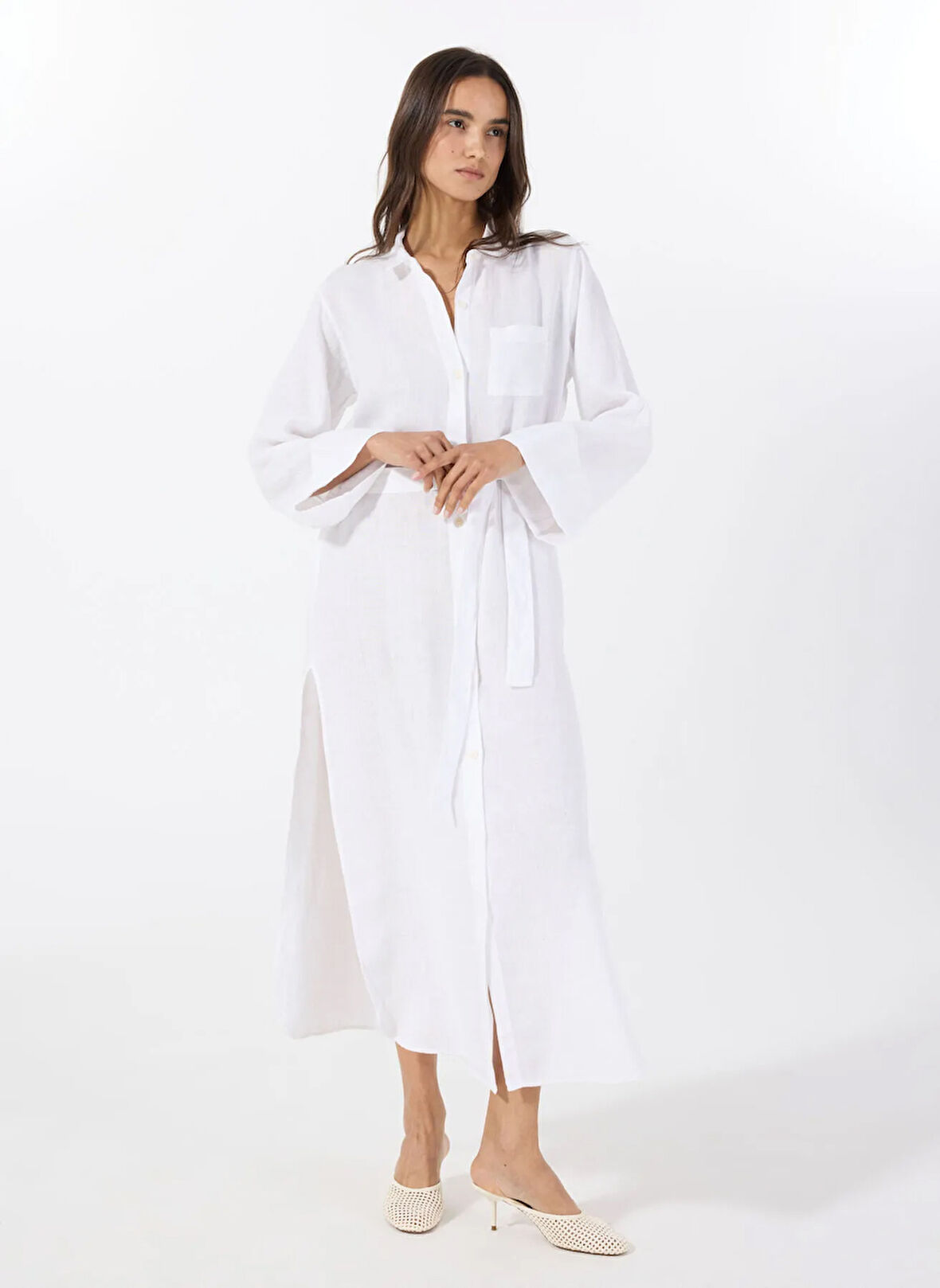Mr. Mood Gömlek Yaka Beyaz Uzun Kadın Elbise MRS MIKA DRESS