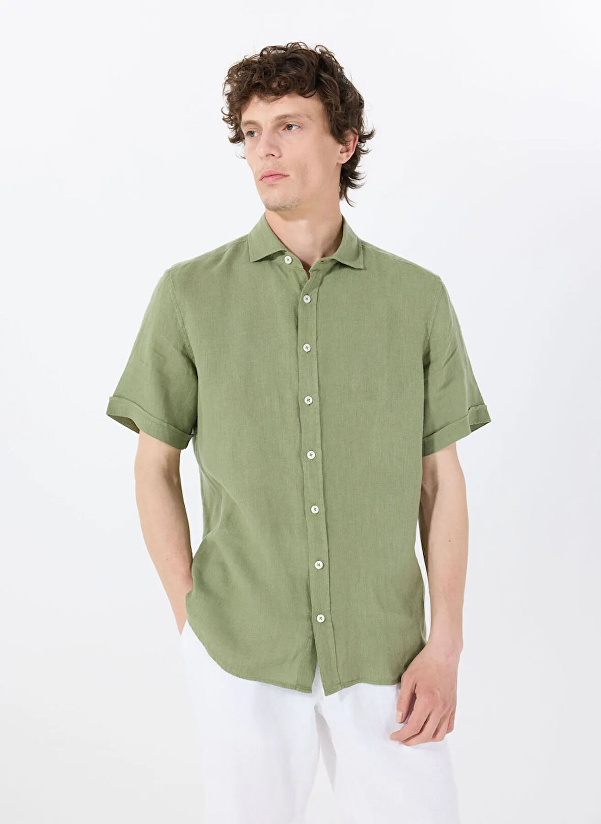 Mr. Mood Standart Düğmeli Yaka Yeşil Erkek Gömlek MR SHORT SLEEVE