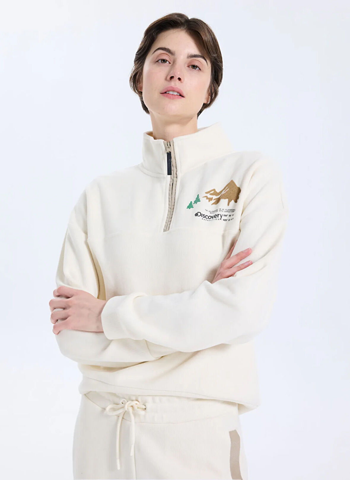 Discovery Expedition D5WL-SWT3595 Krem Dik Yaka Relaxed Baskılı Kadın Sweatshırt