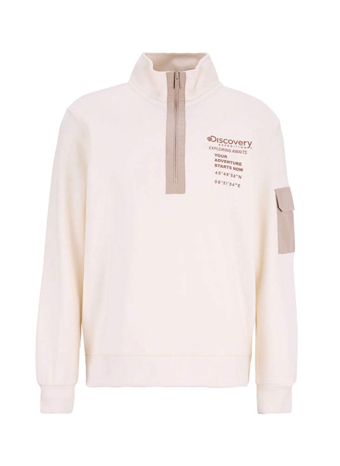 Discovery Expedition D5WM-SWT3830 Krem Dik Yaka Relaxed Baskılı Erkek Sweatshırt