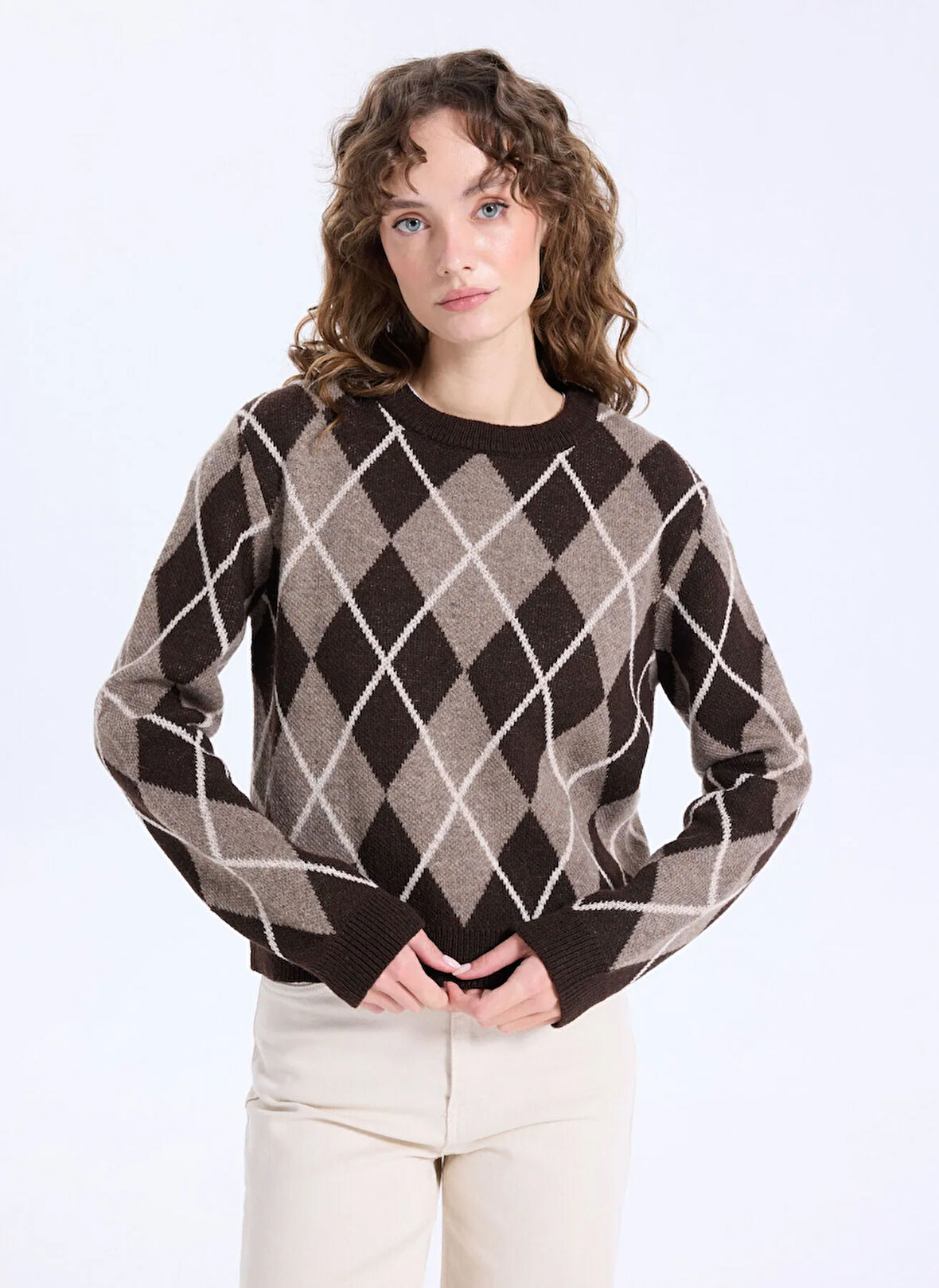 Jeep Bisiklet Yaka Relaxed Baklava Desenli Kahve Kazak Kadın J5WL-KZK7168