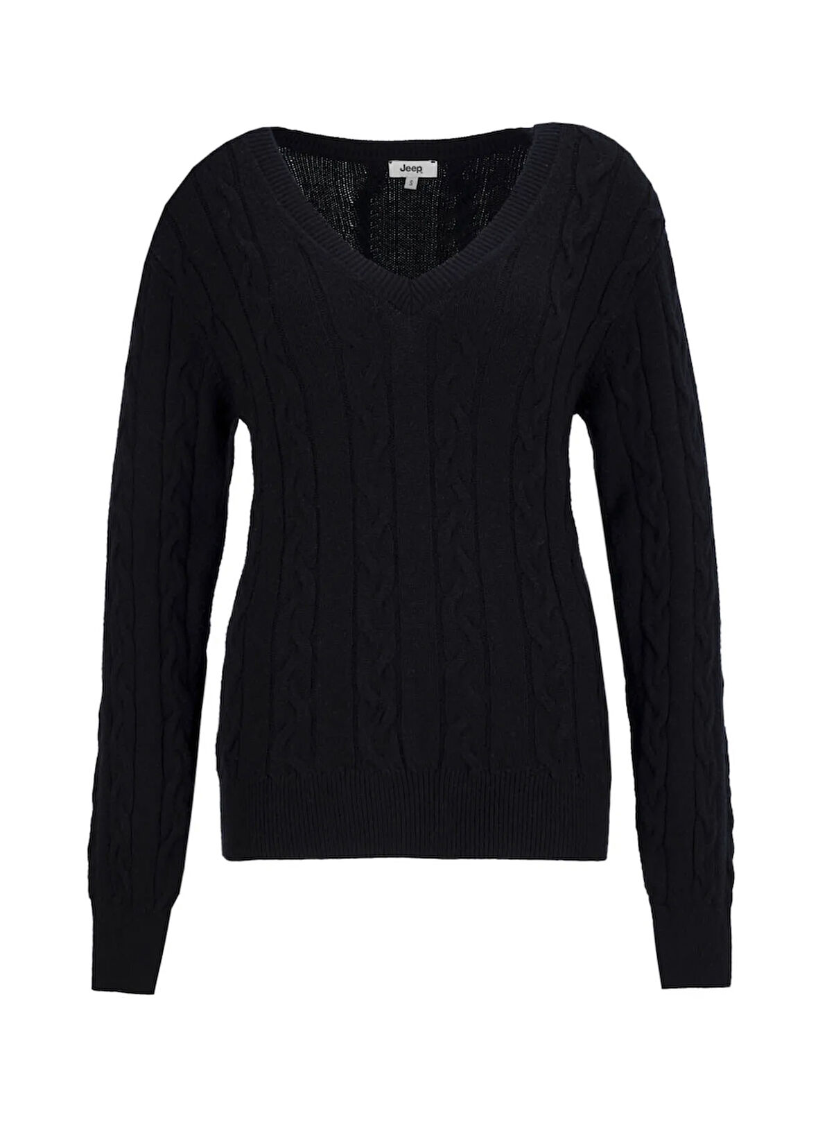 Jeep V Yaka Basic Saç Örgü Desenli Siyah Kazak Kadın J5WL-KZK7129