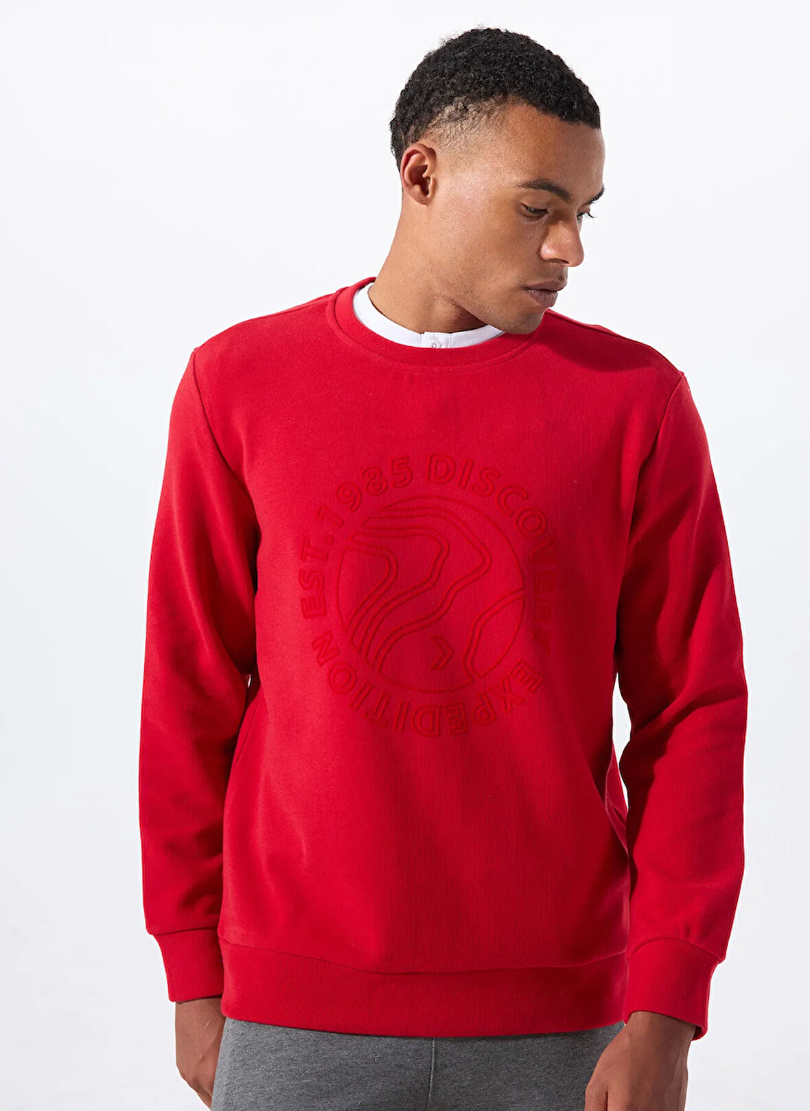 Discovery Expedition D5WM-SWT3872 Kırmızı Bisiklet Yaka Relaxed Baskılı Erkek Sweatshırt