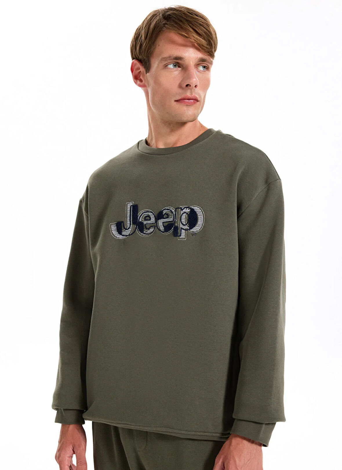 Jeep Bisiklet Yaka Baskılı Haki Erkek Sweatshırt J5WM-SWT7305