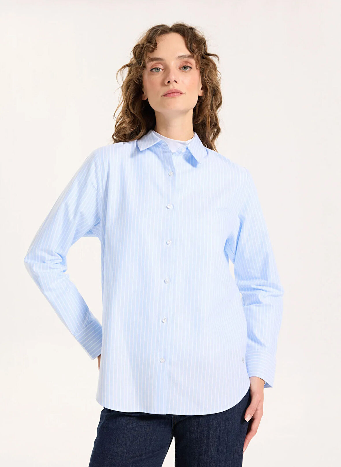 Jeep Relaxed Gömlek Yaka Çizgili Mavi Kadın Gömlek J5WL-GML7137
