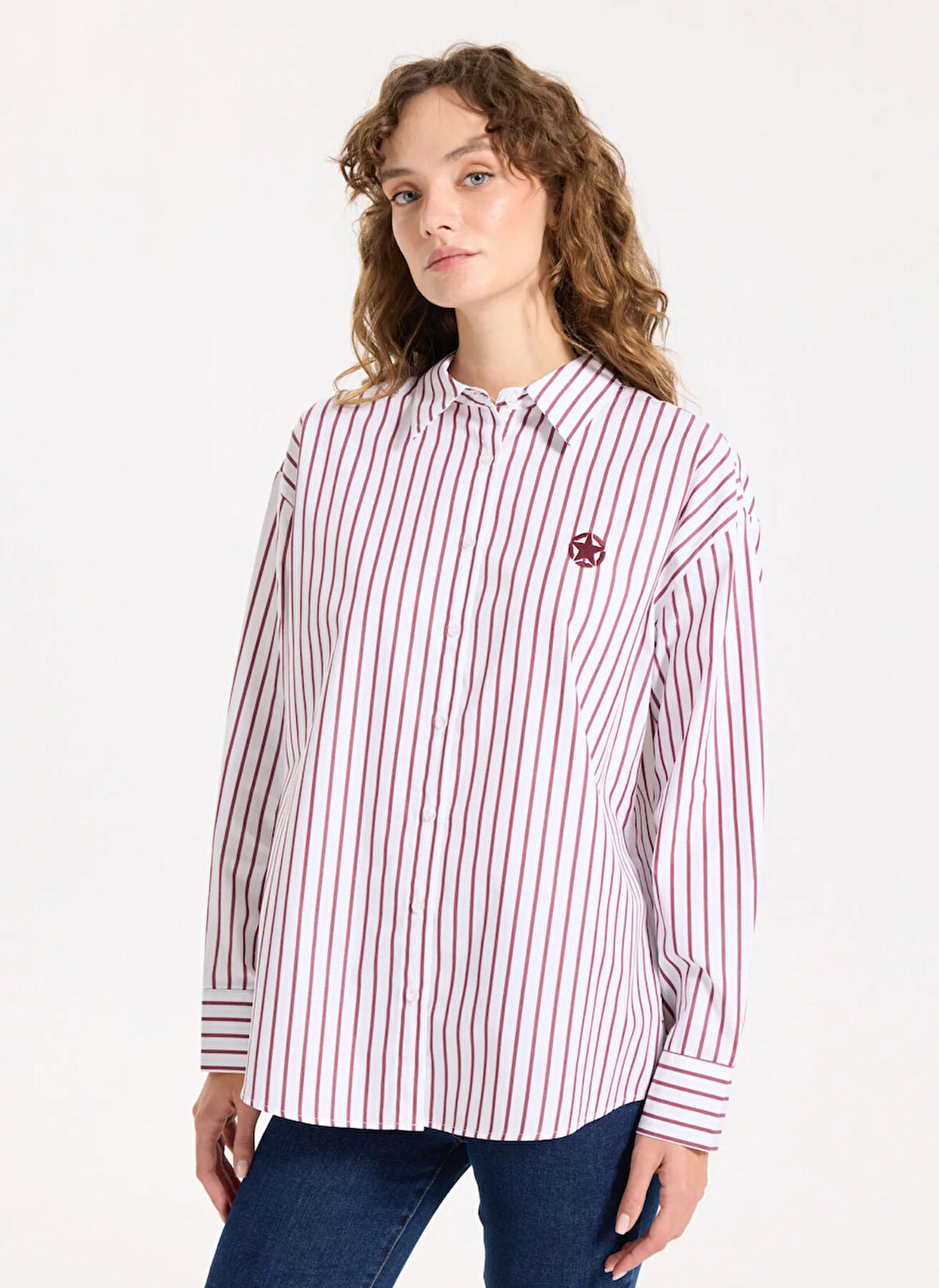 Jeep Loose Fit Gömlek Yaka Çizgili Bordo Kadın Gömlek J5WL-GML7138