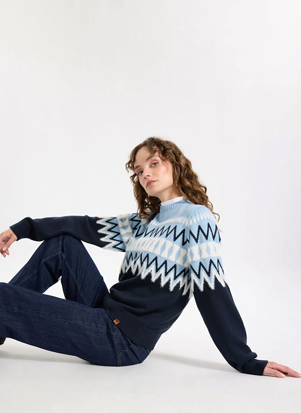 Jeep Bisiklet Yaka Relaxed Jakarlı Ekru - Lacivert Kazak Kadın J5WL-KZK7050