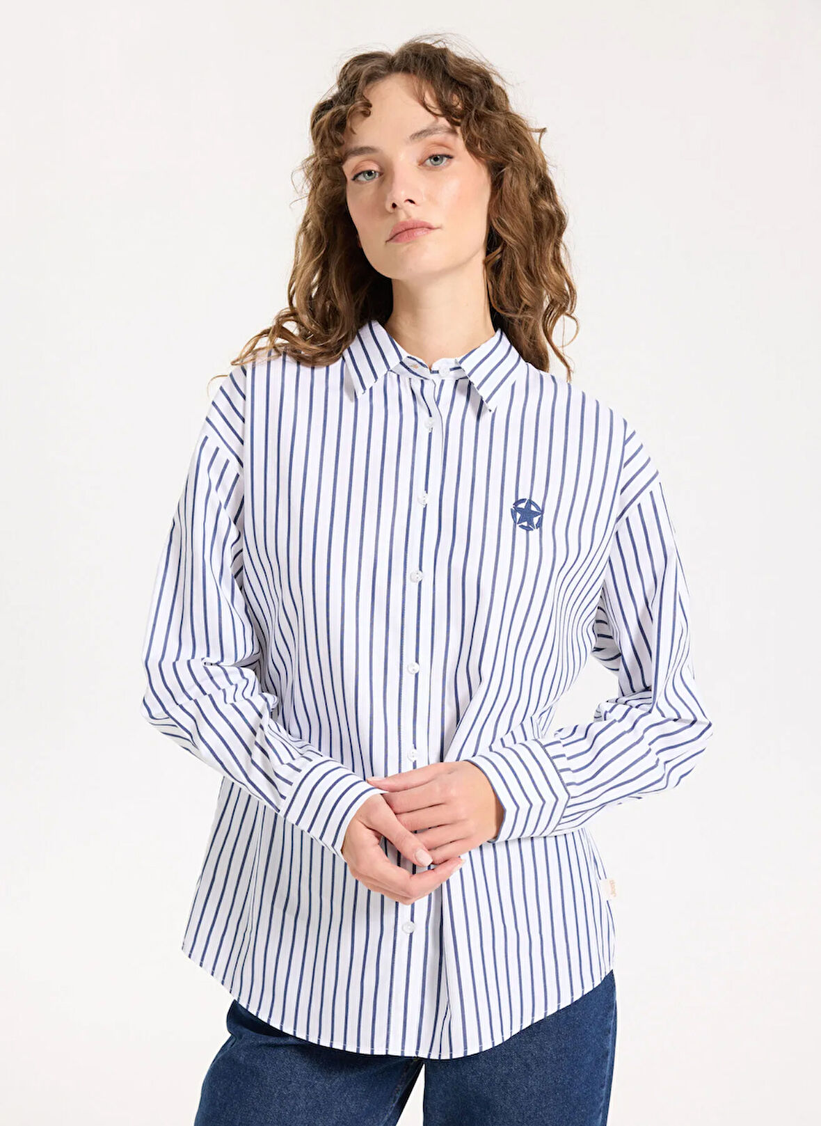Jeep Loose Fit Gömlek Yaka Çizgili Lacivert Kadın Gömlek J5WL-GML7138