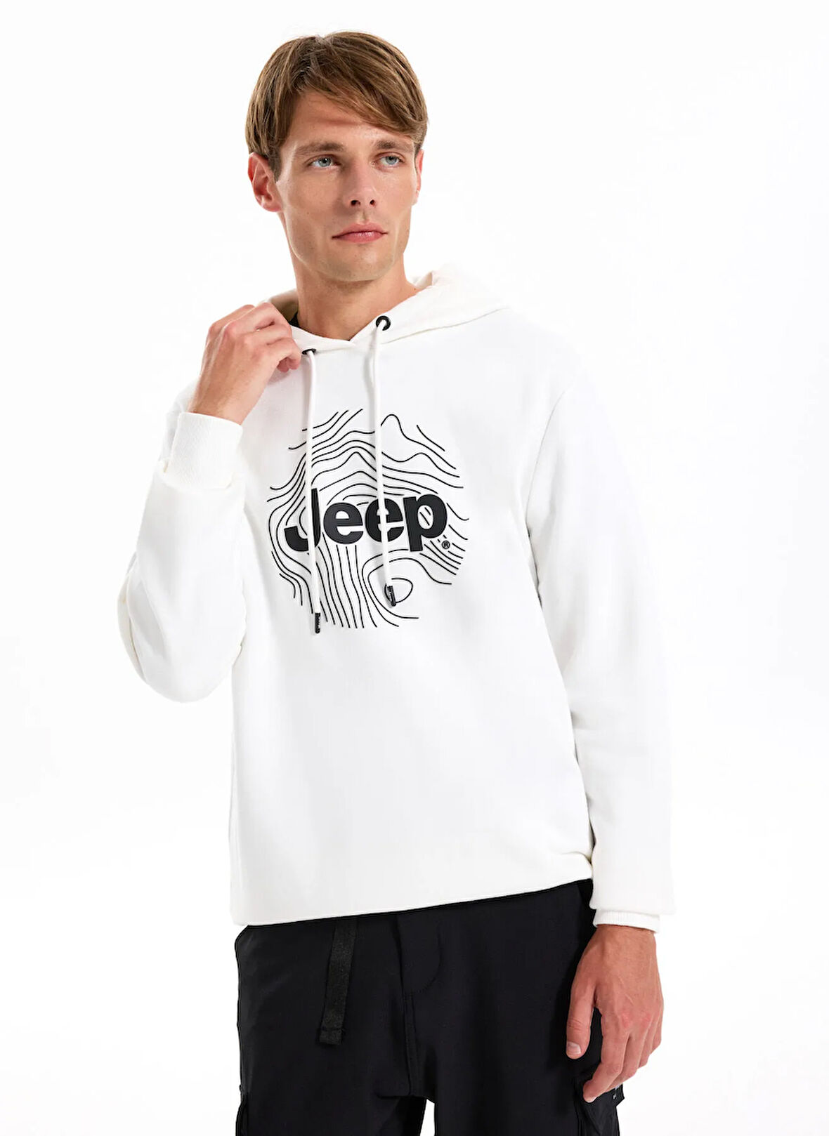 Jeep Kapüşon Yaka Baskılı Ekru Erkek Sweatshırt J5WM-SWT7695