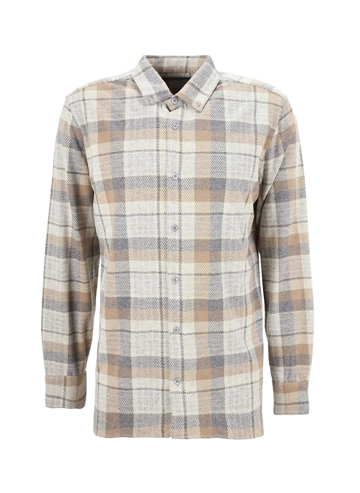 Fabrika Regular Fit Düğmeli Yaka Ekose Bej - Gri Erkek Gömlek F5WM-GML 2760