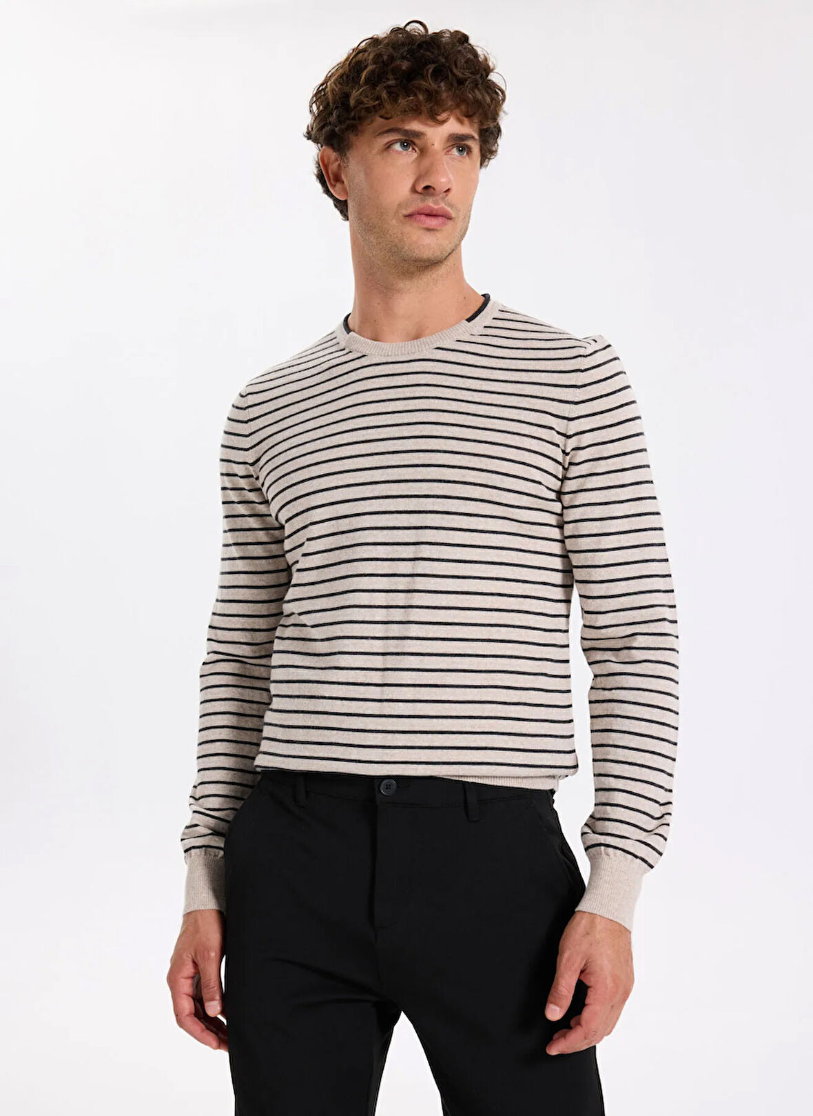 Fabrika Bisiklet Yaka Slim Fit Çizgili Vizon Erkek Kazak F5WM-KZK 2306