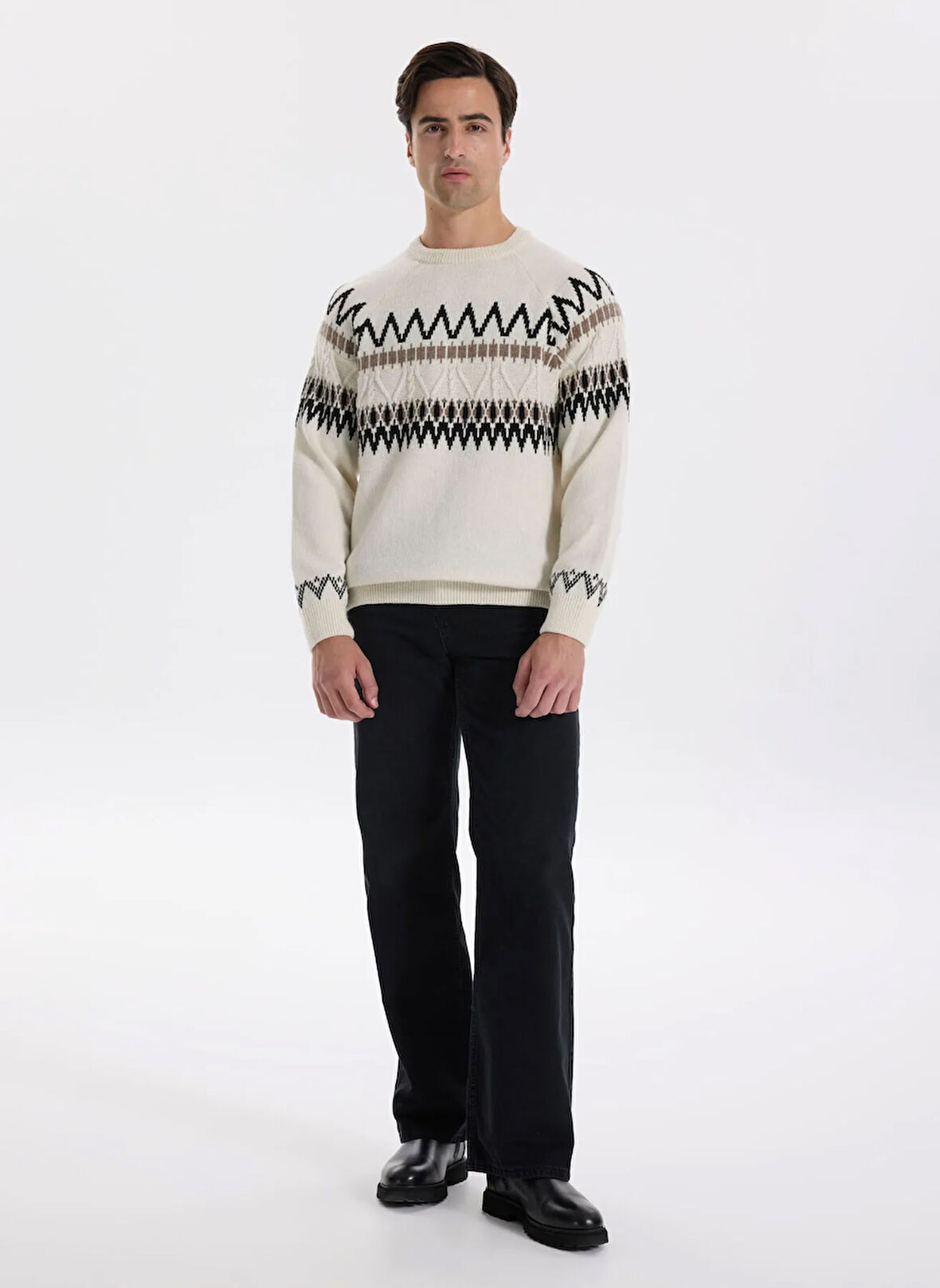 Fabrika Bisiklet Yaka Slim Fit Desenli Ekru Erkek Kazak F5WM-KZK 2541