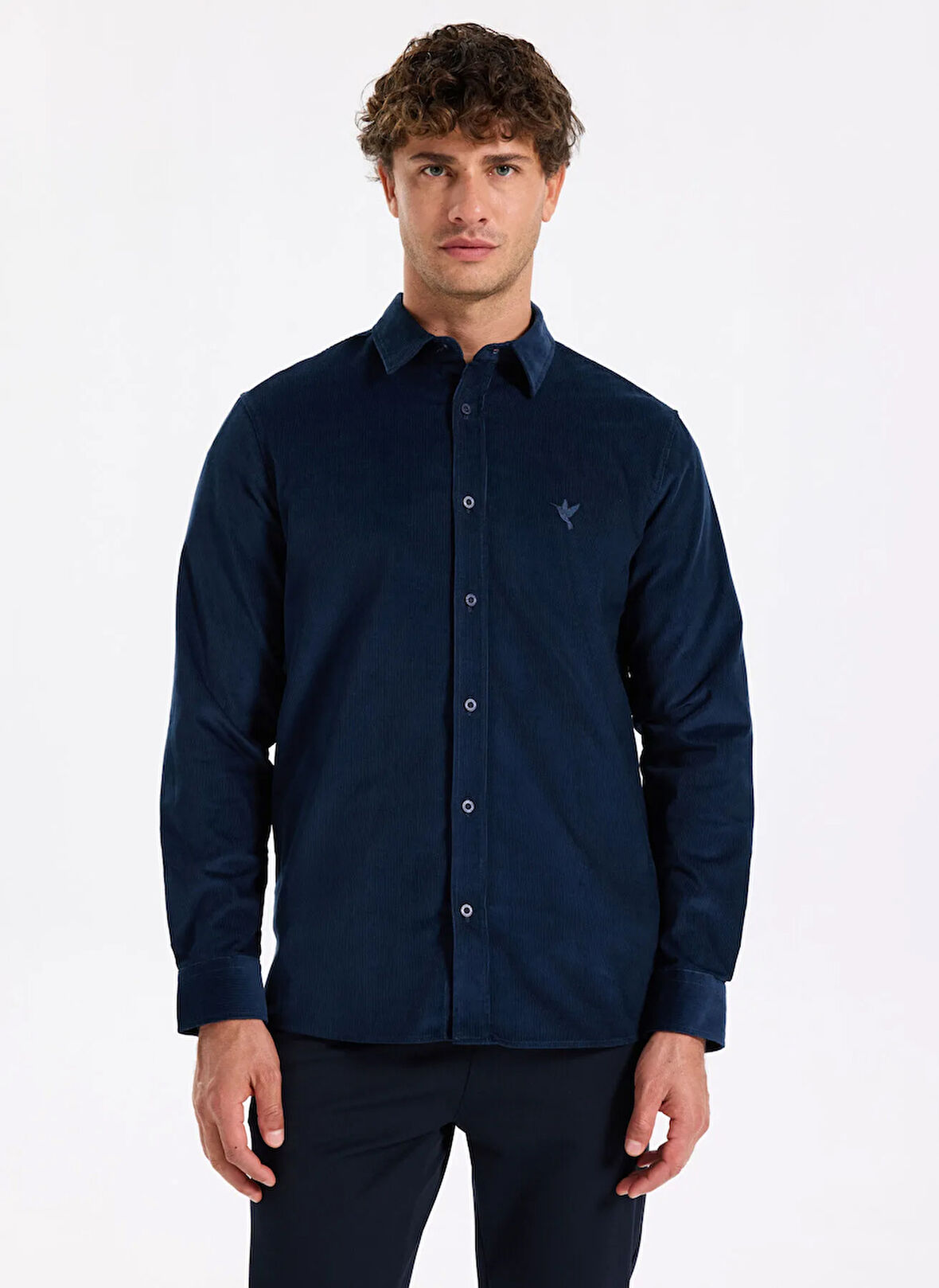 Fabrika Slim Fit Gömlek Yaka Düz Lacivert Erkek Gömlek F5WM-GML 2378