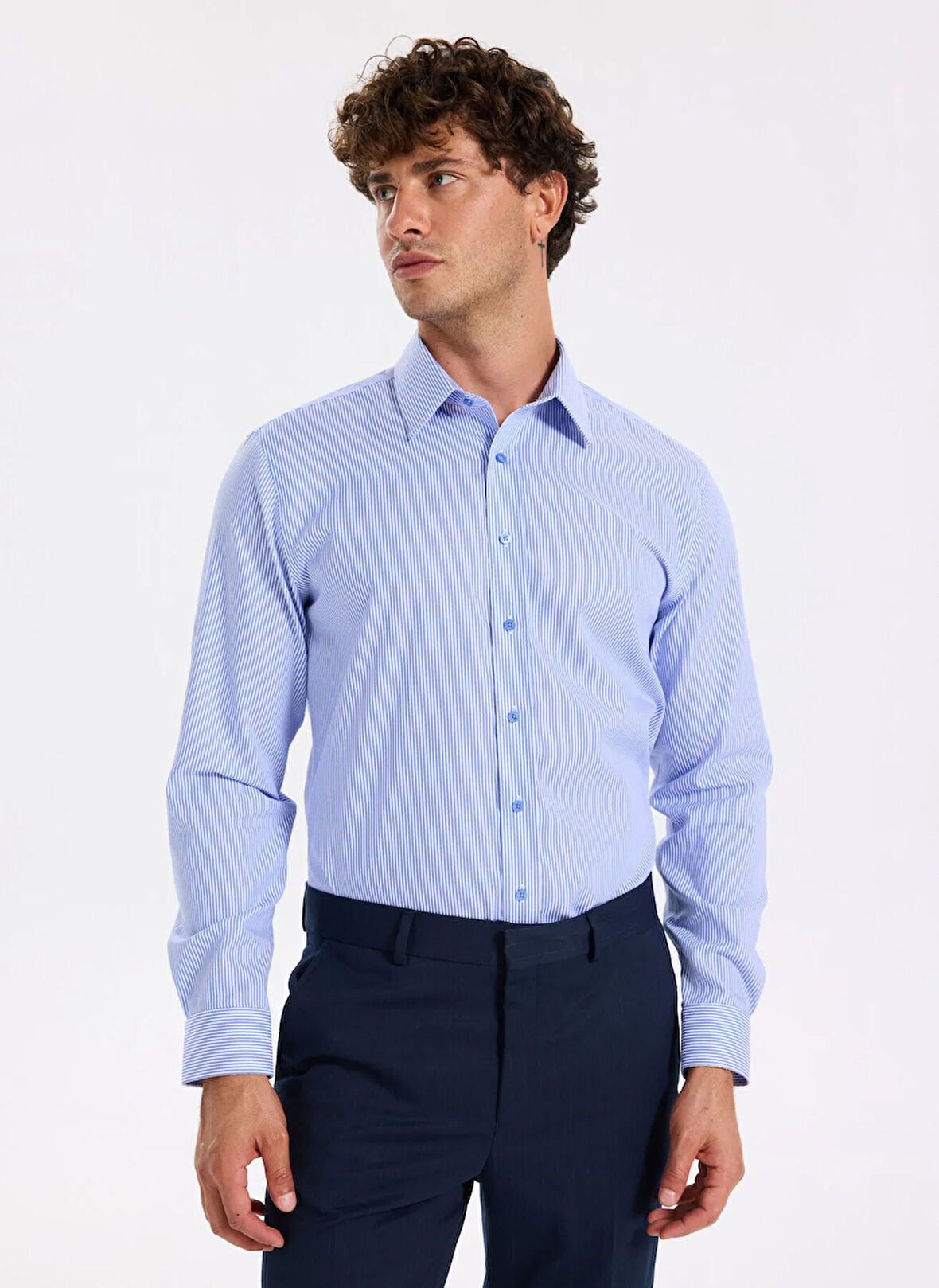 Fabrika Slim Fit Sumos Yaka Çizgili Koyu Mavi Erkek Gömlek F5WM-GML 2582