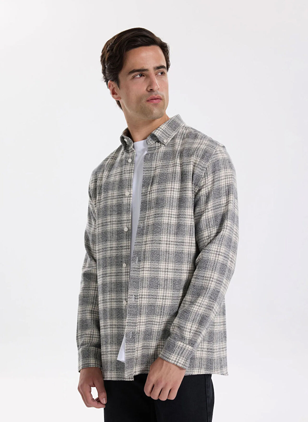 Fabrika Regular Fit Düğmeli Yaka Ekose Gri Erkek Gömlek F5WM-GML 2365