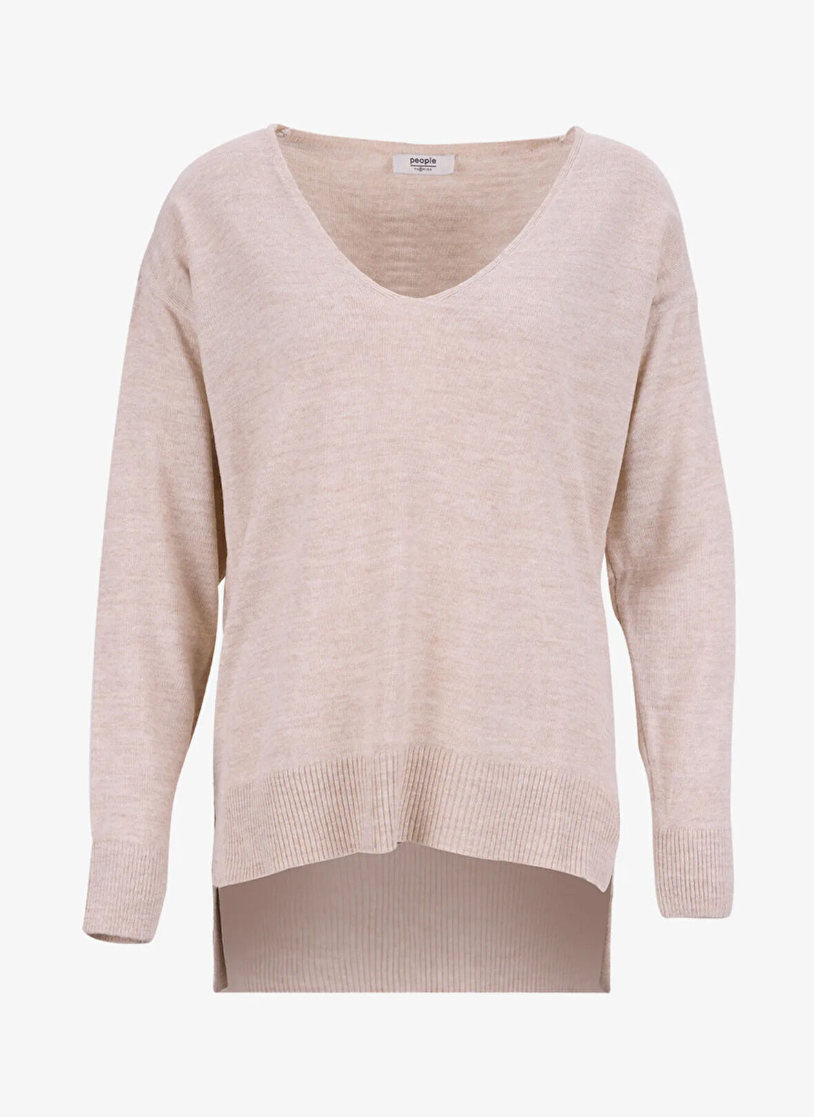 People By Fabrika V Yaka Loose Fit Düz Bej Kazak Kadın PBF5WL-KZK9519