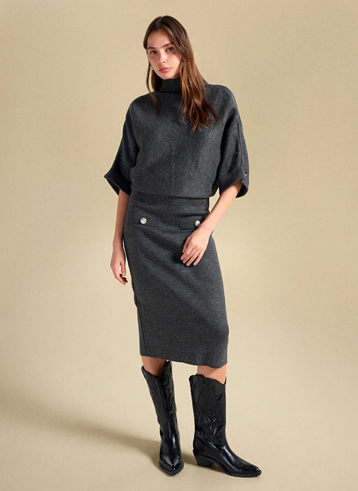 People By Fabrika Lastikli Bel Antrasit Kadın Düz Midi Etek PBF5WL-ETK5104