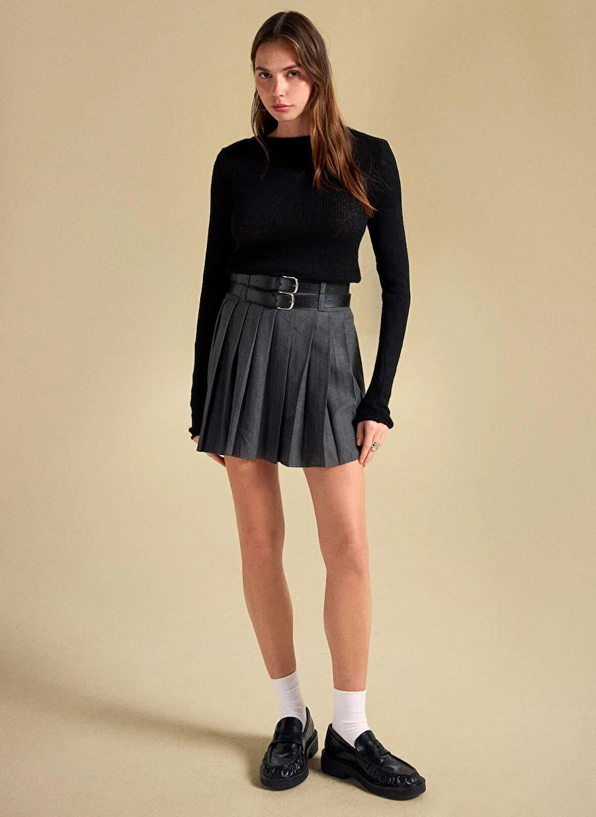 People By Fabrika Yüksek Bel Antrasit Kadın Piliseli Mini Etek PBF5WL-ETK5106