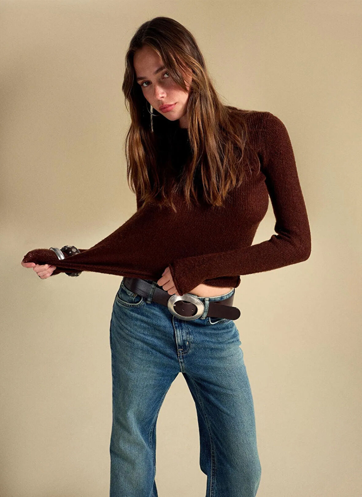 People By Fabrika Kayık Yaka Slim Fit Düz Kahve Kazak Kadın PBF5WL-KZK5100