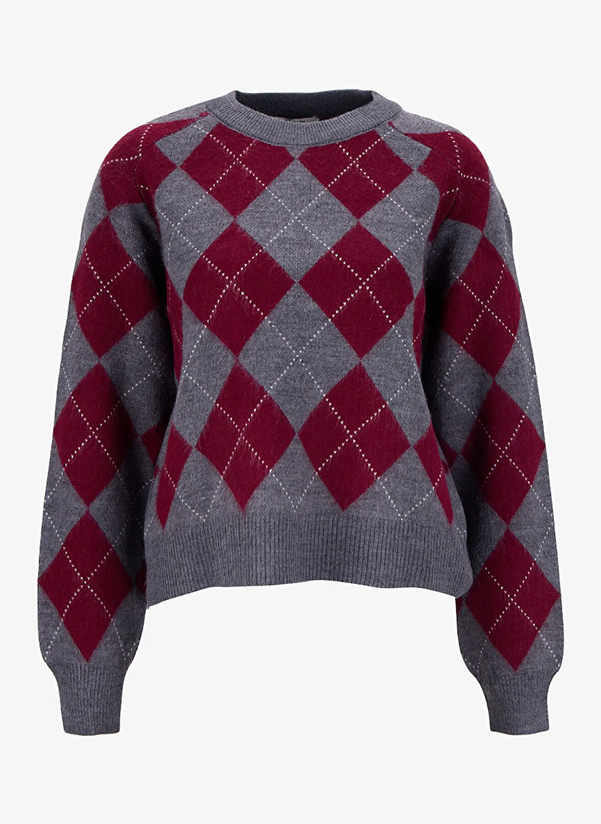 People By Fabrika Bisiklet Yaka Basic Baklava Desenli Bordo - Gri Kadın Kazak PBF5WL-KZK9563