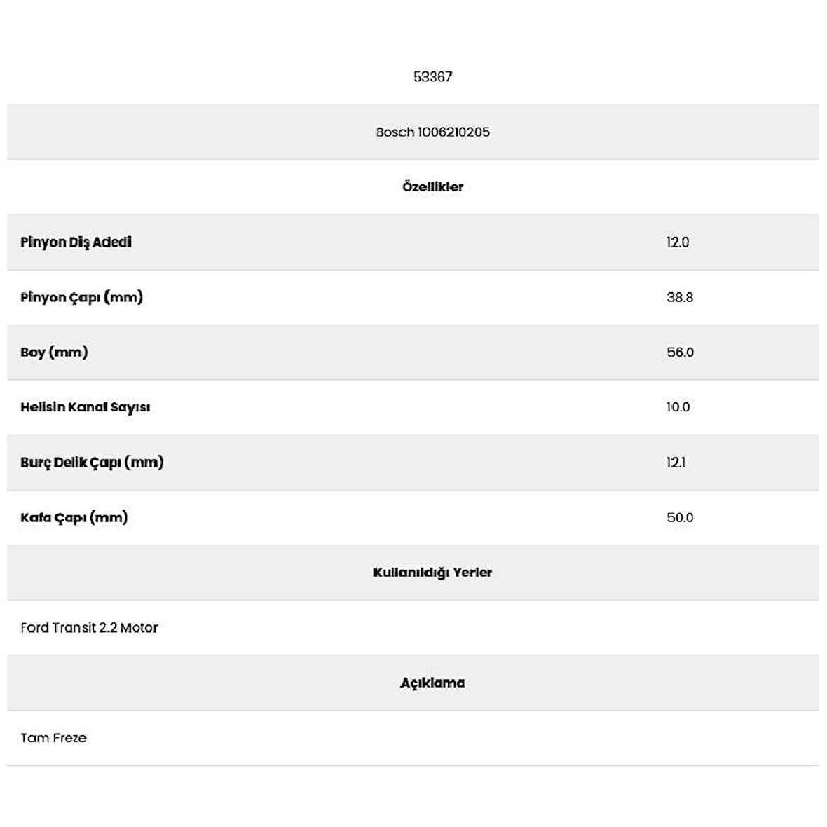 Form Metal 53367 Transit 2.2 10 Kanal 12 Diş 10062102 Marş Dişlisi