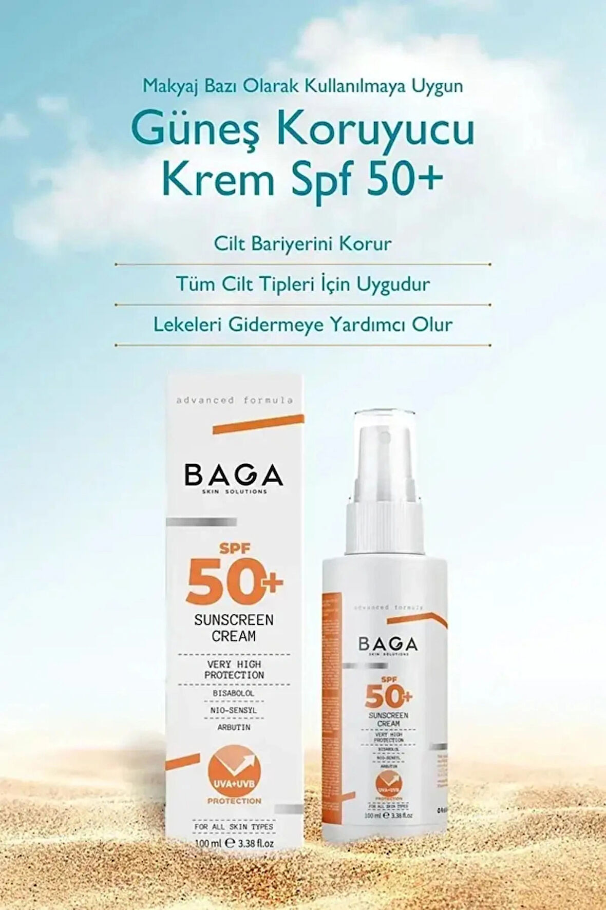 BAGA Güneş Koruyucu Krem Spf 50+ Doğal Vegan UVA ve UVB Işınlarına Karşı Koruma Güneş Kremi