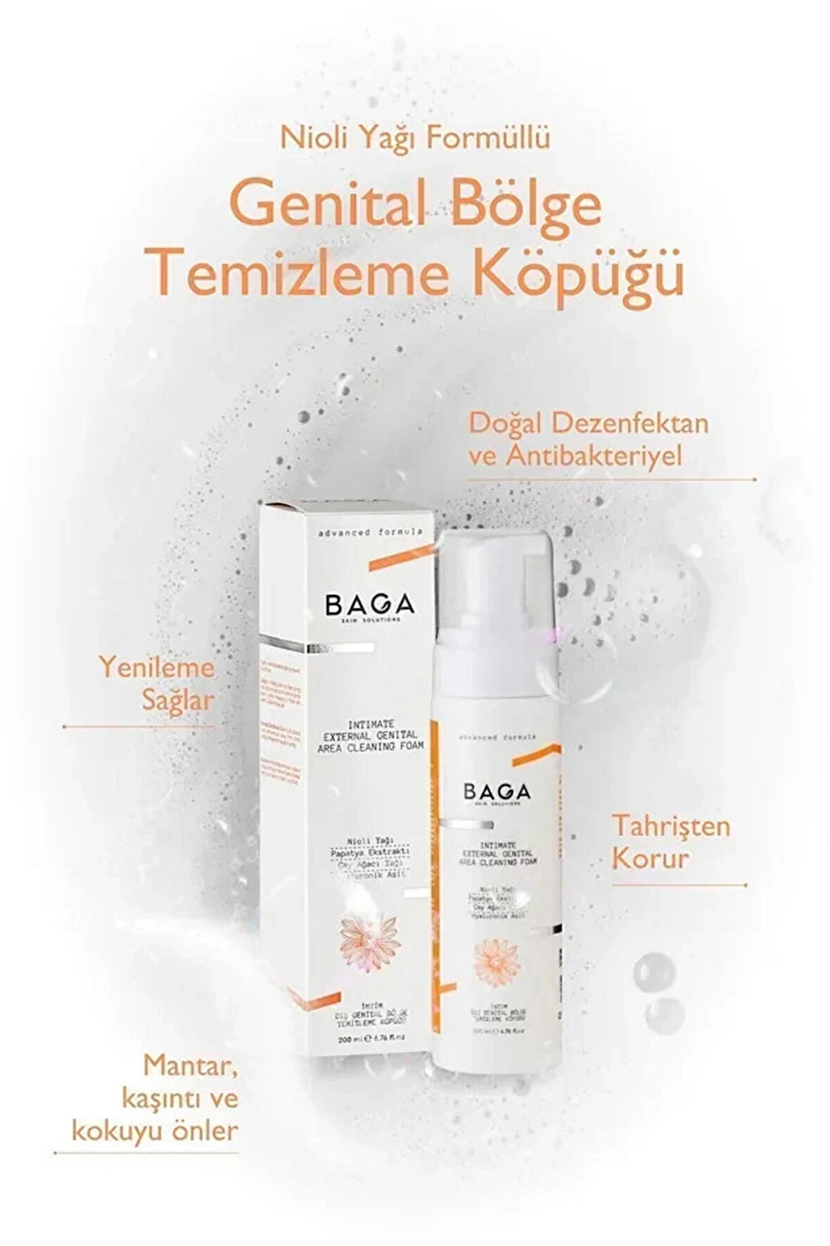 BAGA Nioli Yağı Formüllü Genital Bölge Temizleme Koku Giderici Toparlayıcı Köpük 200 ML