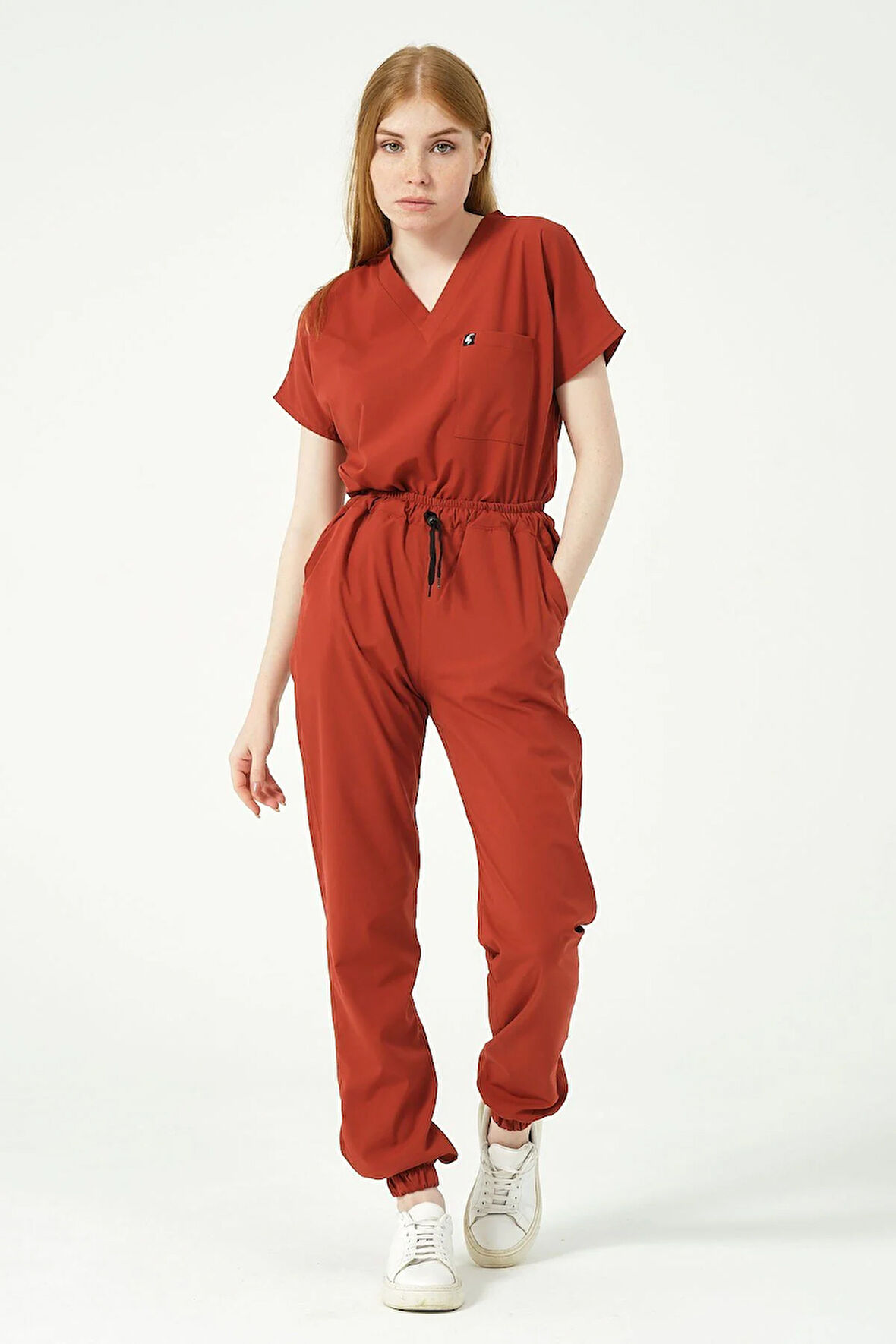 Kiremit Likralı Scrubs Jogger Paça Doktor Hemşire Forması Yarasa Kol Takım Unisex