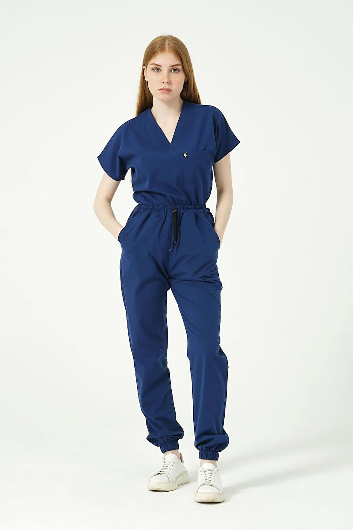 Saks Mavi Likralı Scrubs Jogger Paça Doktor Hemşire Forması Yarasa Kol Takım Unisex