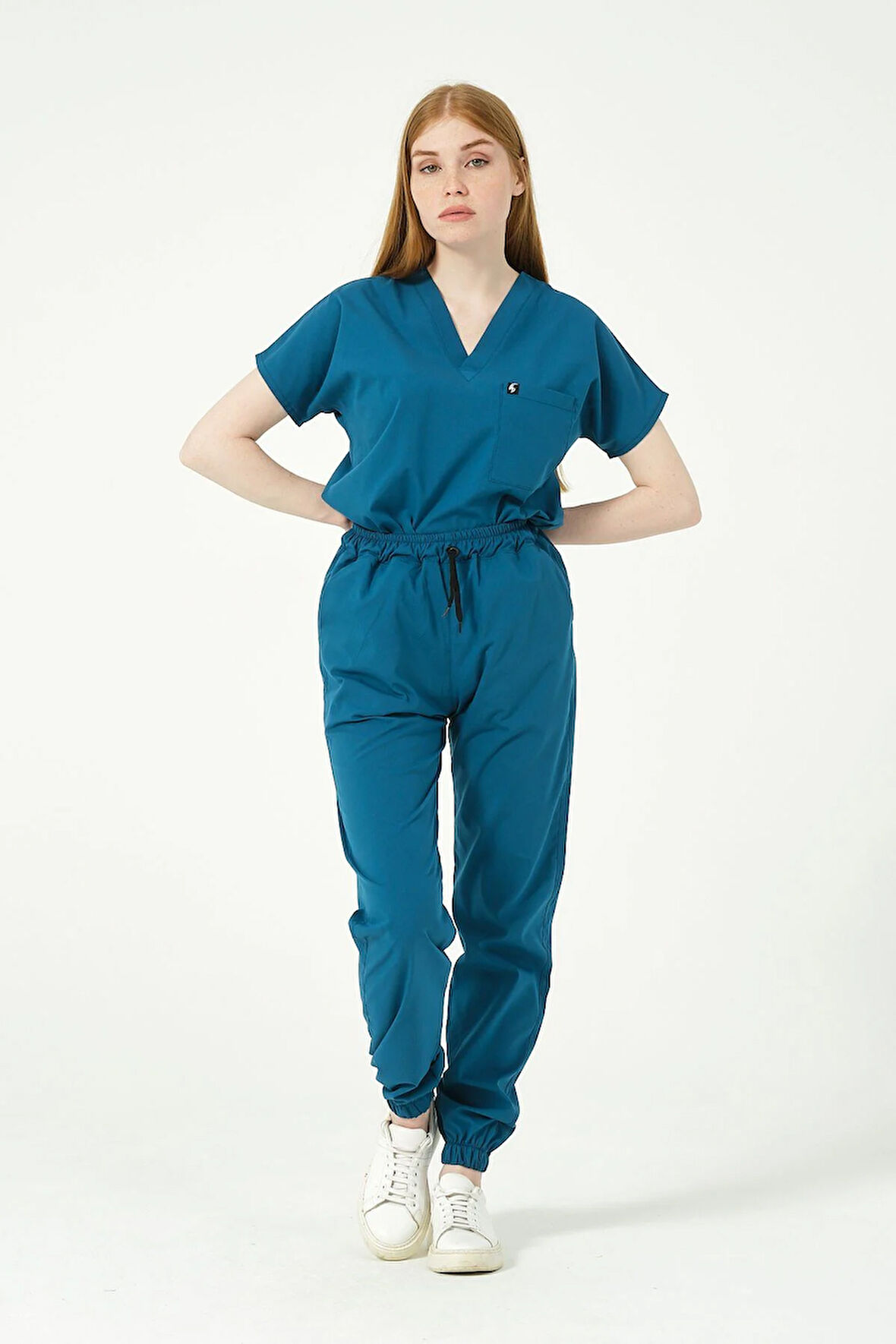 Turkuaz Likralı Scrubs Jogger Paça Doktor Hemşire Forması Yarasa Kol Takım Unisex