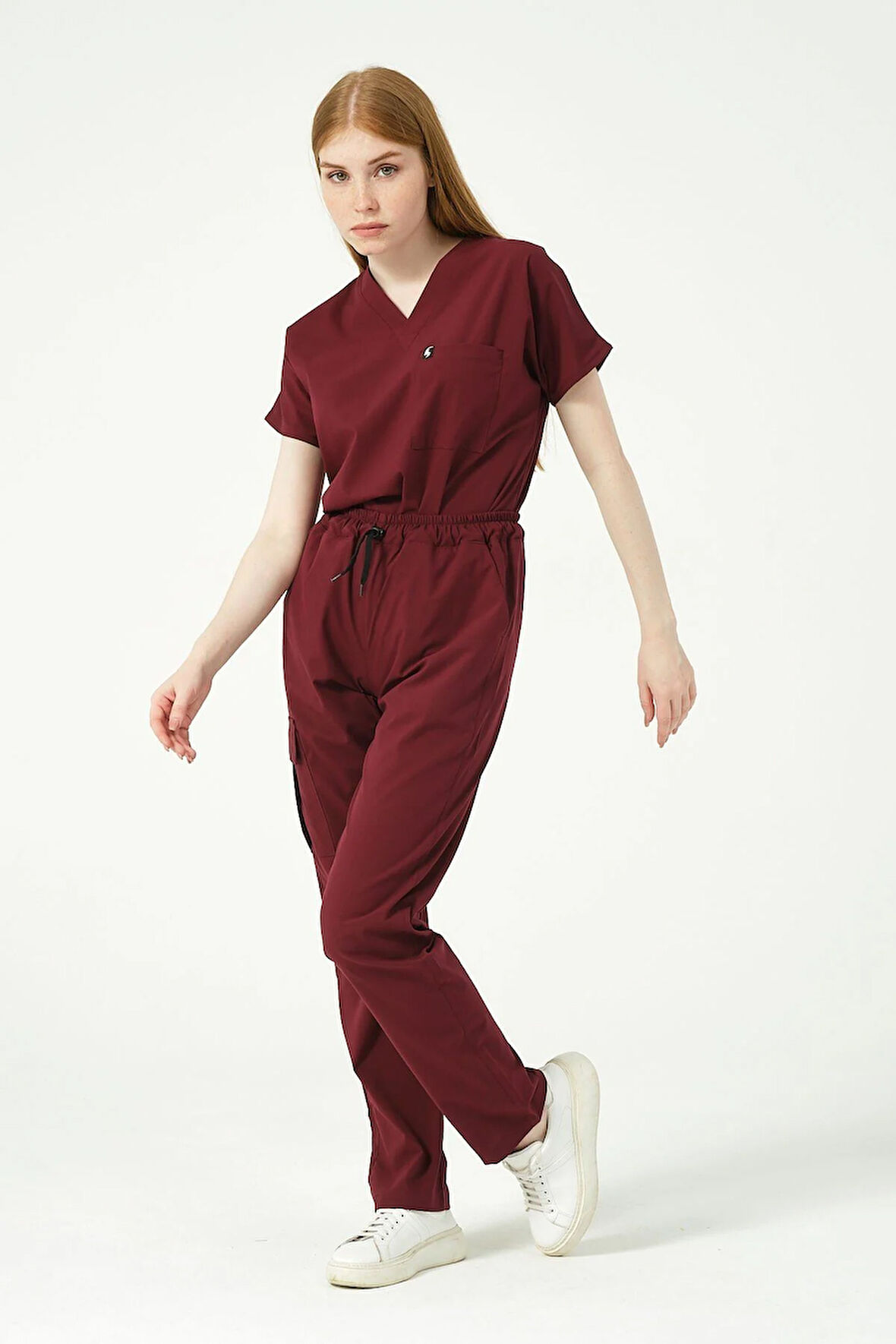 Bordo Likralı Scrubs Kargo Cep Doktor Hemşire Forması Yarasa Kol Takım Unisex