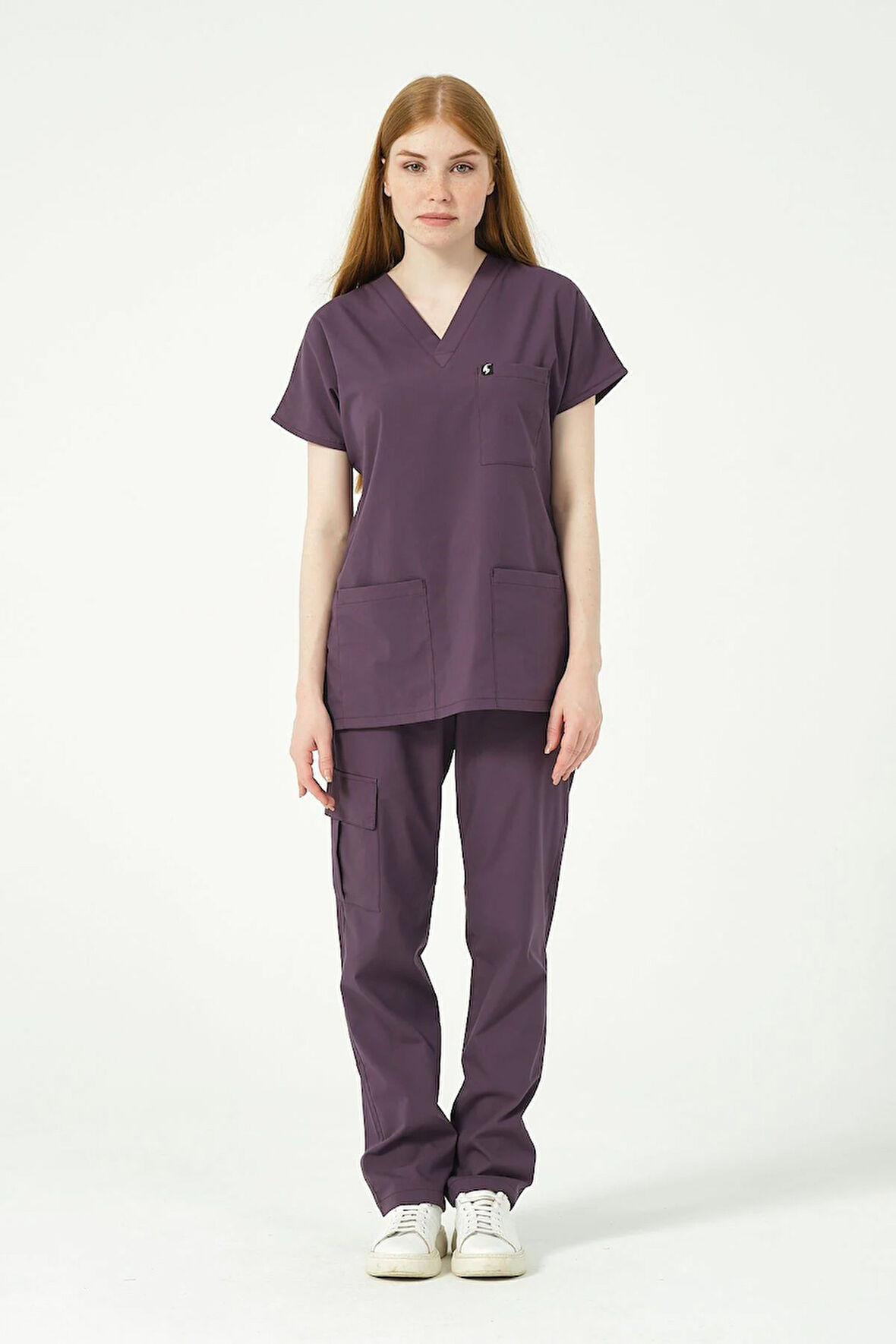 Mürdüm Likralı Scrubs Kargo Cep Doktor Hemşire Forması Yarasa Kol Takım Unisex